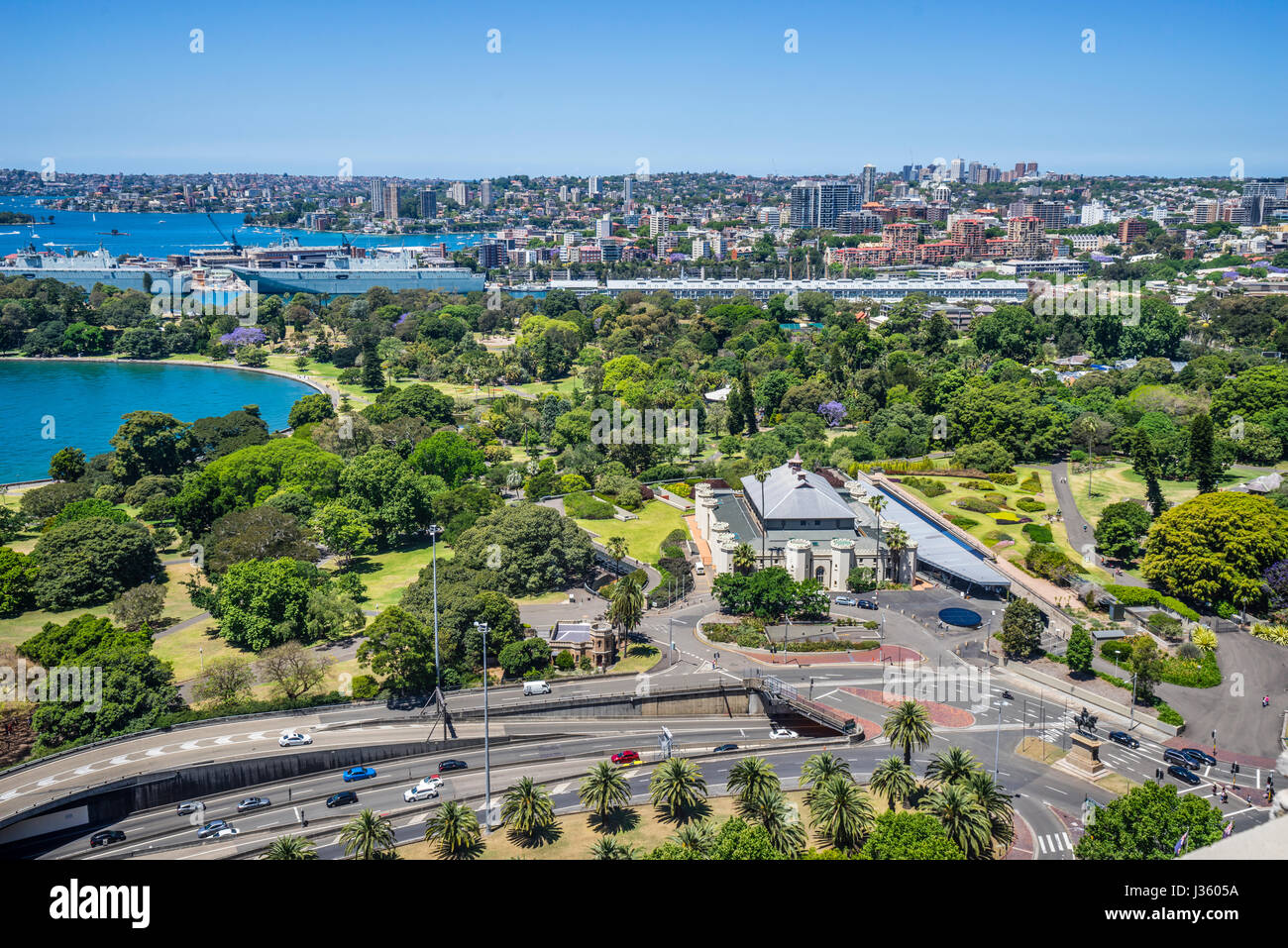 Australien, New South Wales, Sydney, Luftaufnahme von der Macquarie-Bezirk von den Royal Botanic Gardens, Sydney Conservatorium of Music und der Cah Stockfoto
