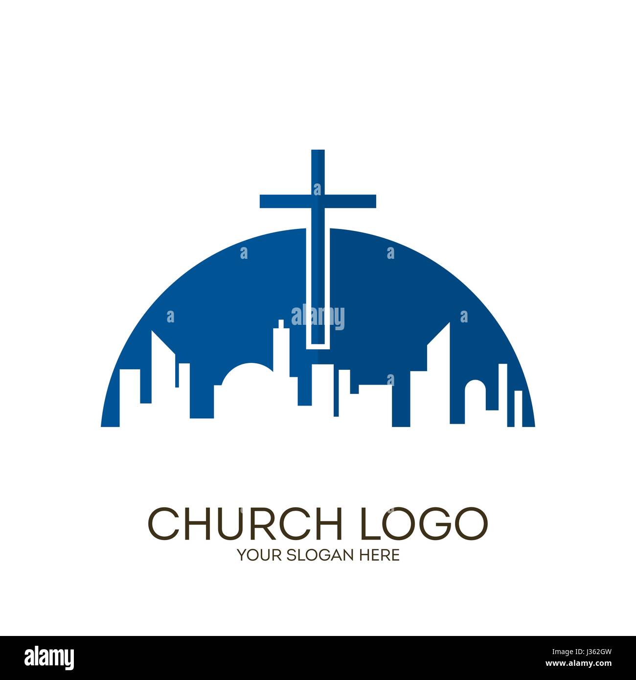 Logo der Kirche. Christliche Symbole. Das Kreuz von Jesus Christus thront über der Großstadt. Stock Vektor