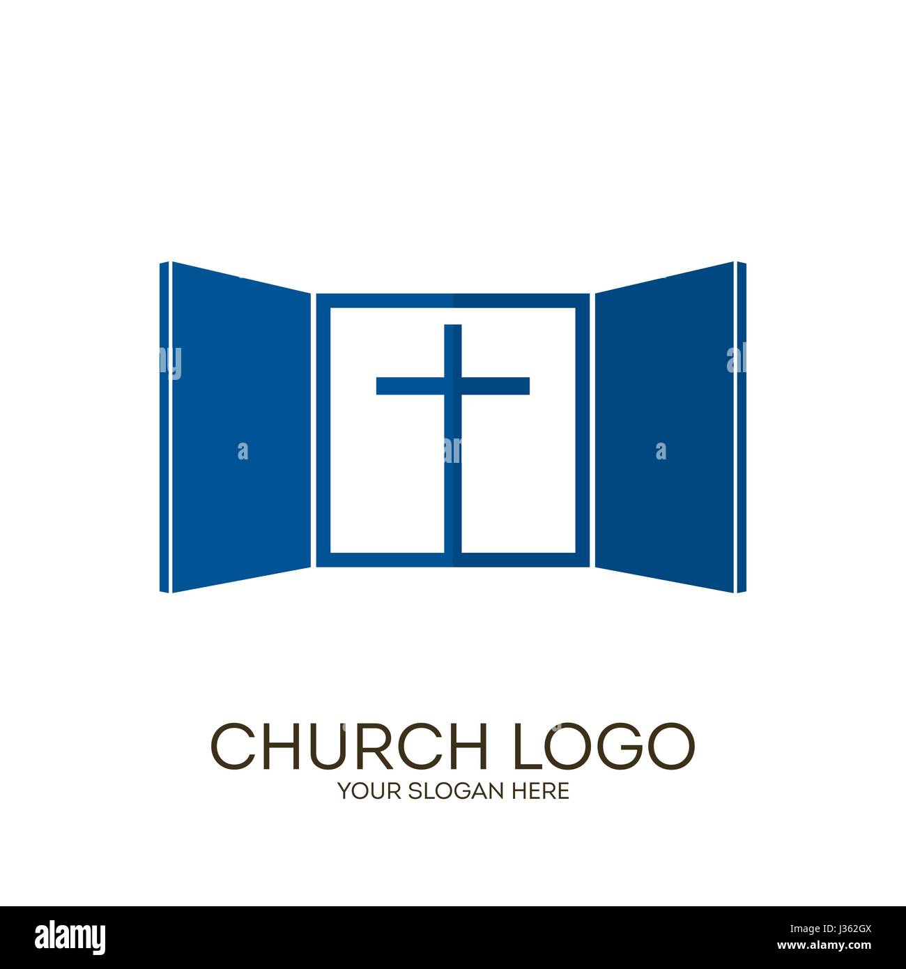 Logo der Kirche. Christliche Symbole. Gott gibt uns ein Fenster in die Welt des Herrn Jesus Christus in der himmlischen Aufenthaltsort. Stock Vektor