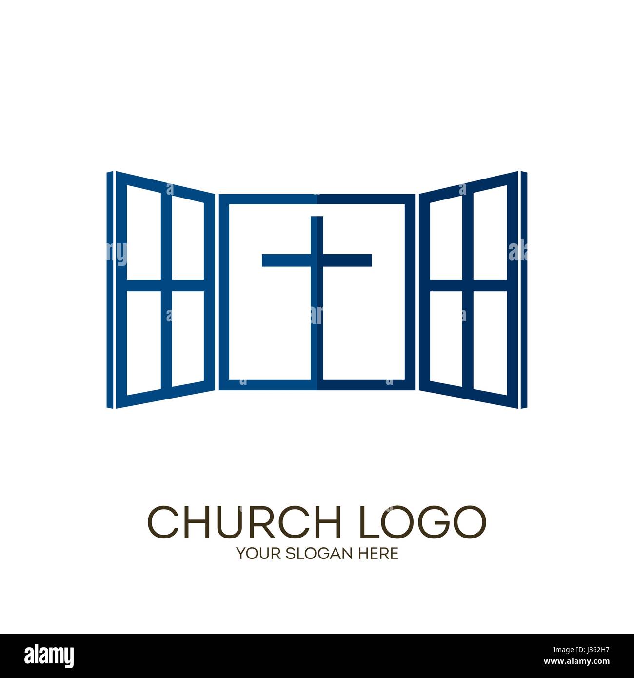 Logo der Kirche. Christliche Symbole. Gott gibt uns ein Fenster in die Welt des Herrn Jesus Christus in der himmlischen Aufenthaltsort. Stock Vektor