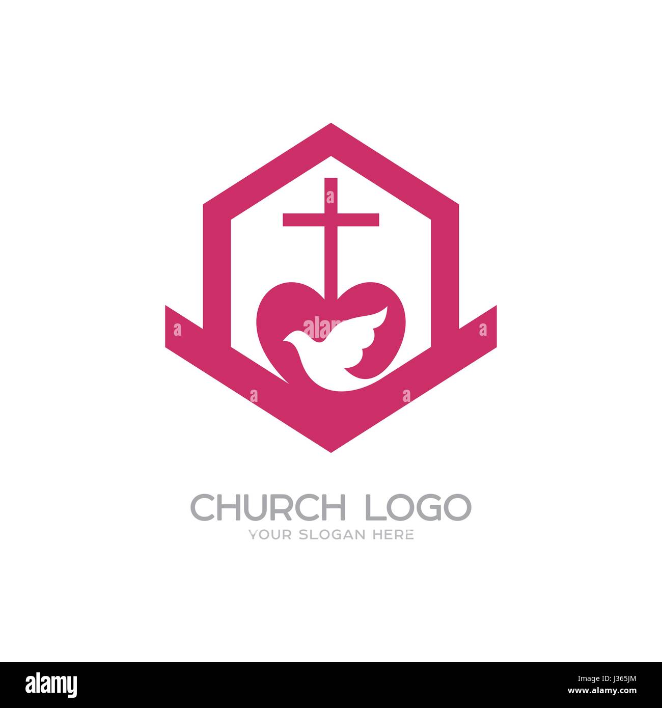 Logo der Kirche. Christliche Symbole. Das Kreuz des Herrn und Erlöser Jesus Christus, das Gebäude der Kirche, der Heilige Geist ist eine Taube. Stock Vektor