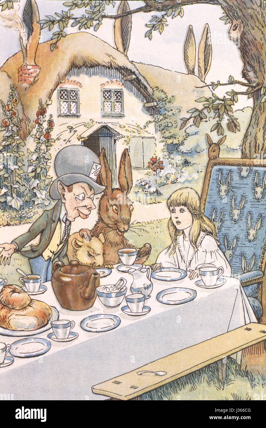 Illustration von w.h. Walker Alice im Wunderland (Alice in Wonderland) von Lewis Carroll London, Bodley Head, 1907.    Mad Hatter es Tea-Party. Stockfoto