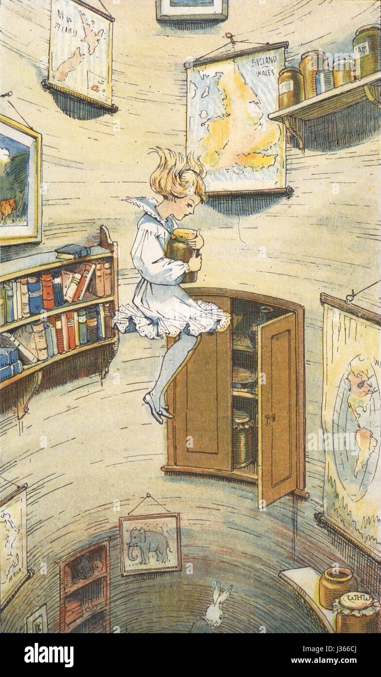 Illustration von w.h. Walker Alice im Wunderland (Alice in Wonderland) von Lewis Carroll London, Bodley Head, 1907.    Alice das Kaninchenloch fallen. Stockfoto