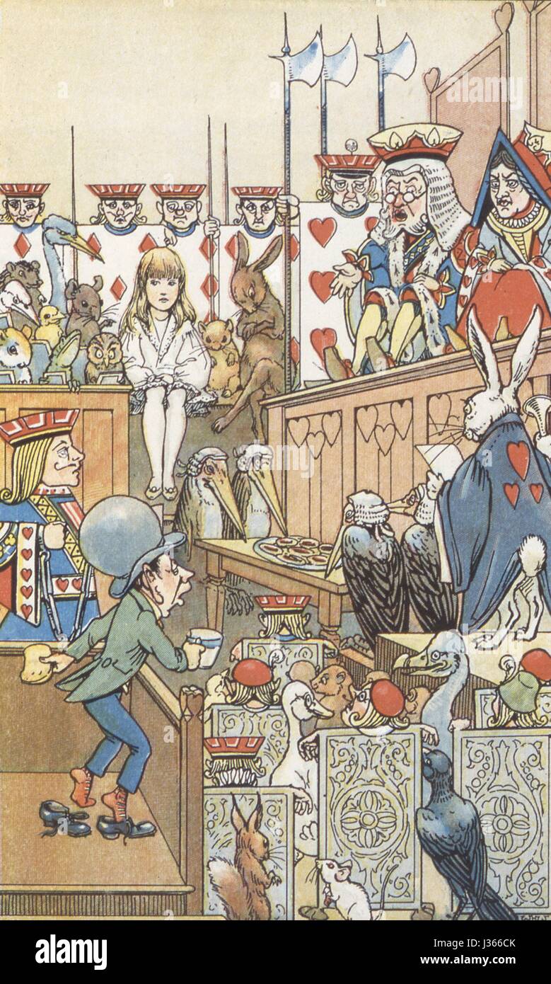 Illustration von w.h. Walker Alice im Wunderland (Alice in Wonderland) von Lewis Carroll London, Bodley Head, 1907.    Der verrückte Hutmacher Zeugnis am Hof der Königin der Herzen. Stockfoto