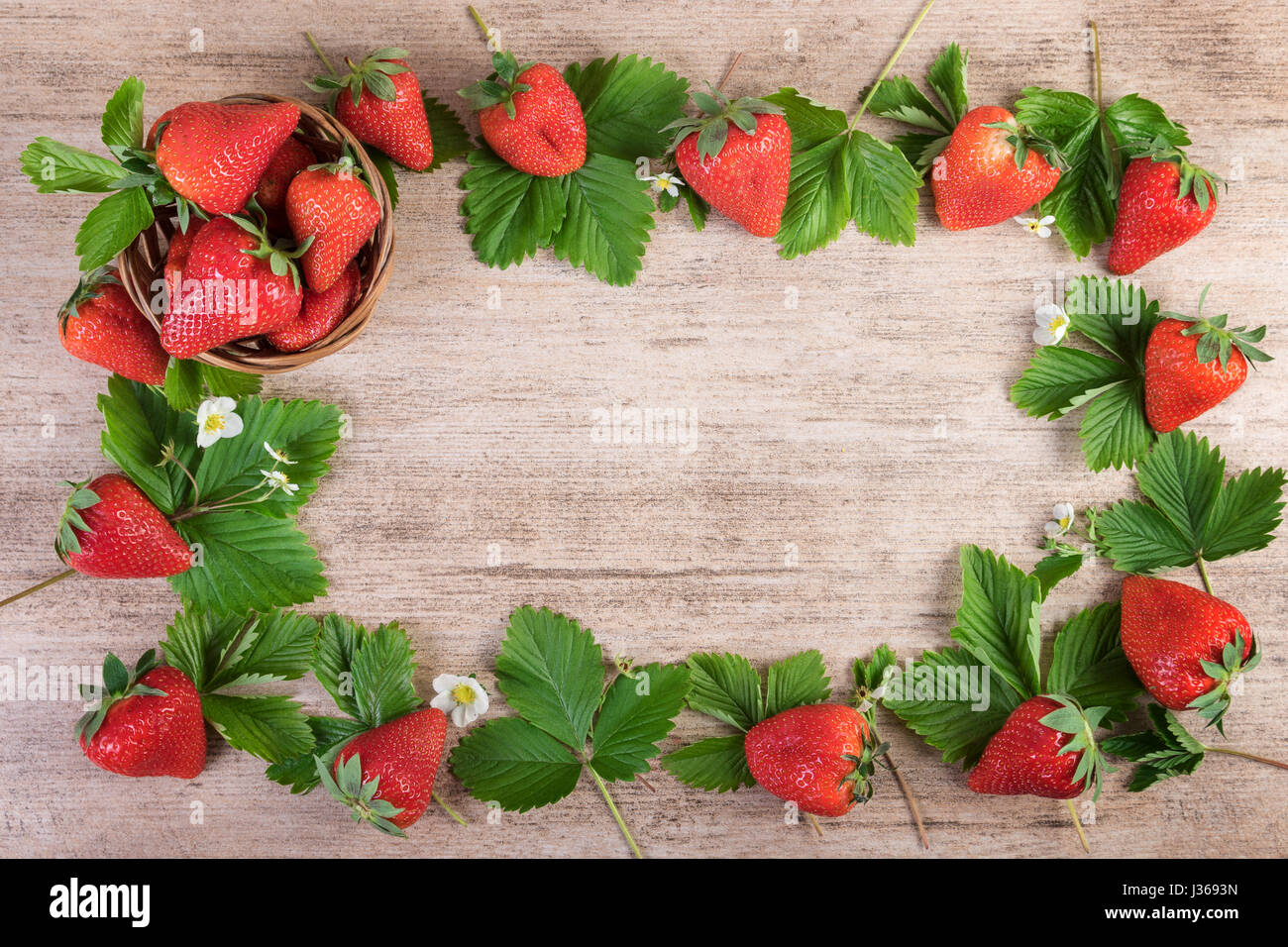 Erdbeeren kreative Anordnung über hellem Holz Hintergrund. Ansicht von oben, Textfreiraum Stockfoto