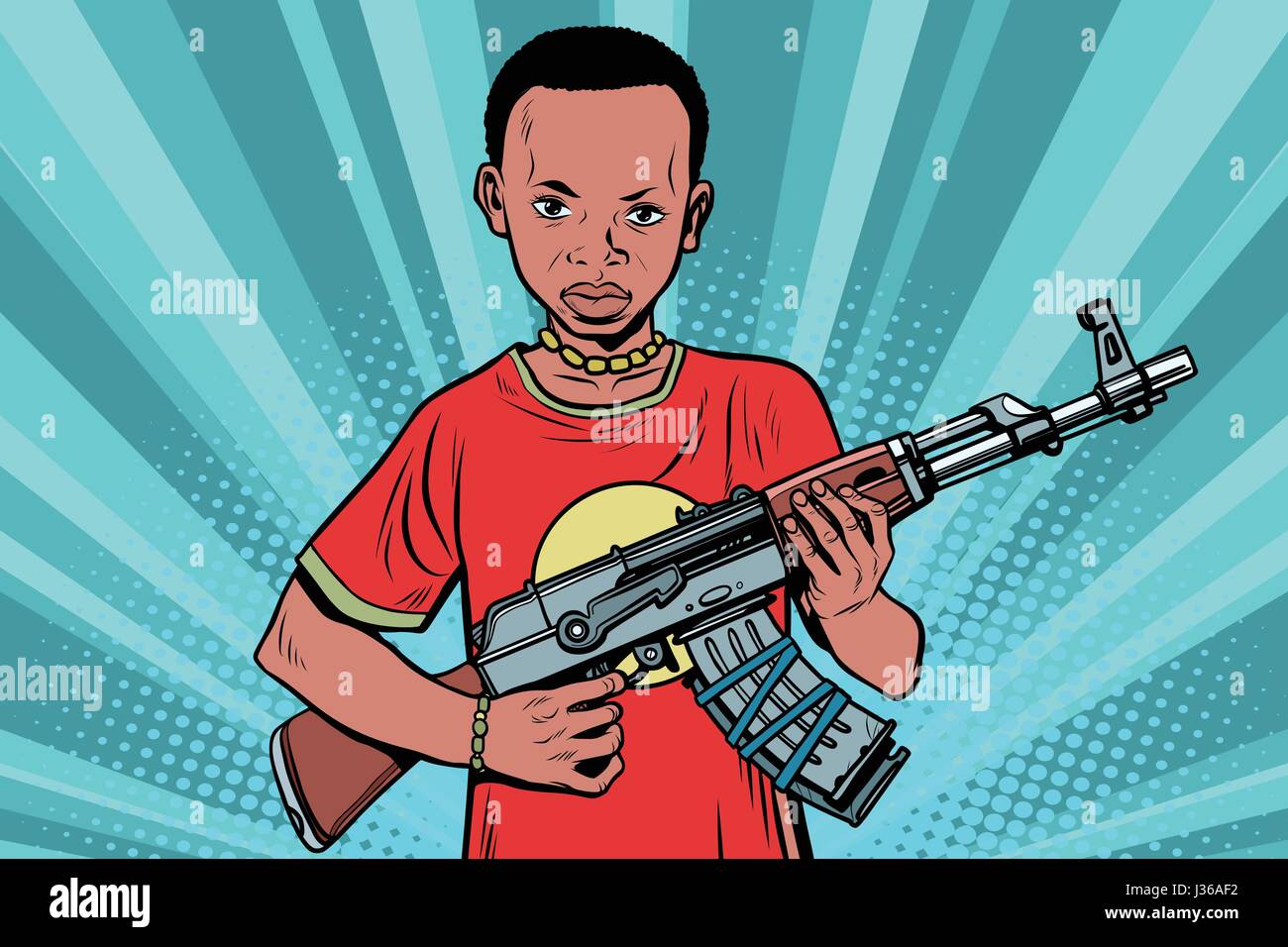 Afrikanischen jungen mit automatischen Waffen AKM. Comic-Cartoon-Stil Pop Art Retro-Vektorgrafik Stock Vektor