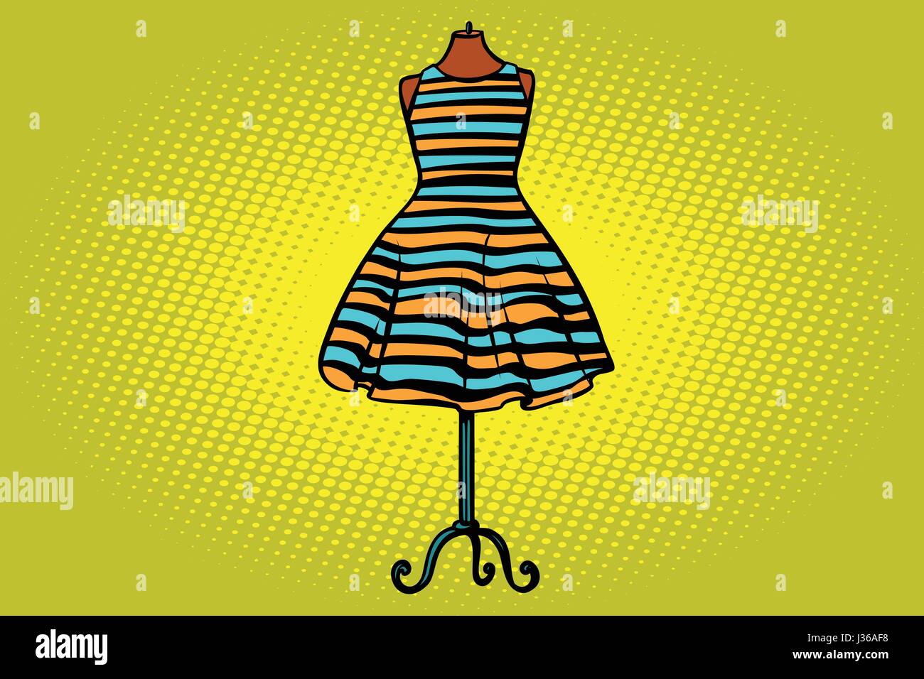 Gestreiftes Kleid im Studio am dummy vorderen Bügel. Comic-Cartoon-Stil Pop  Art Retro-Vektorgrafik Stock-Vektorgrafik - Alamy