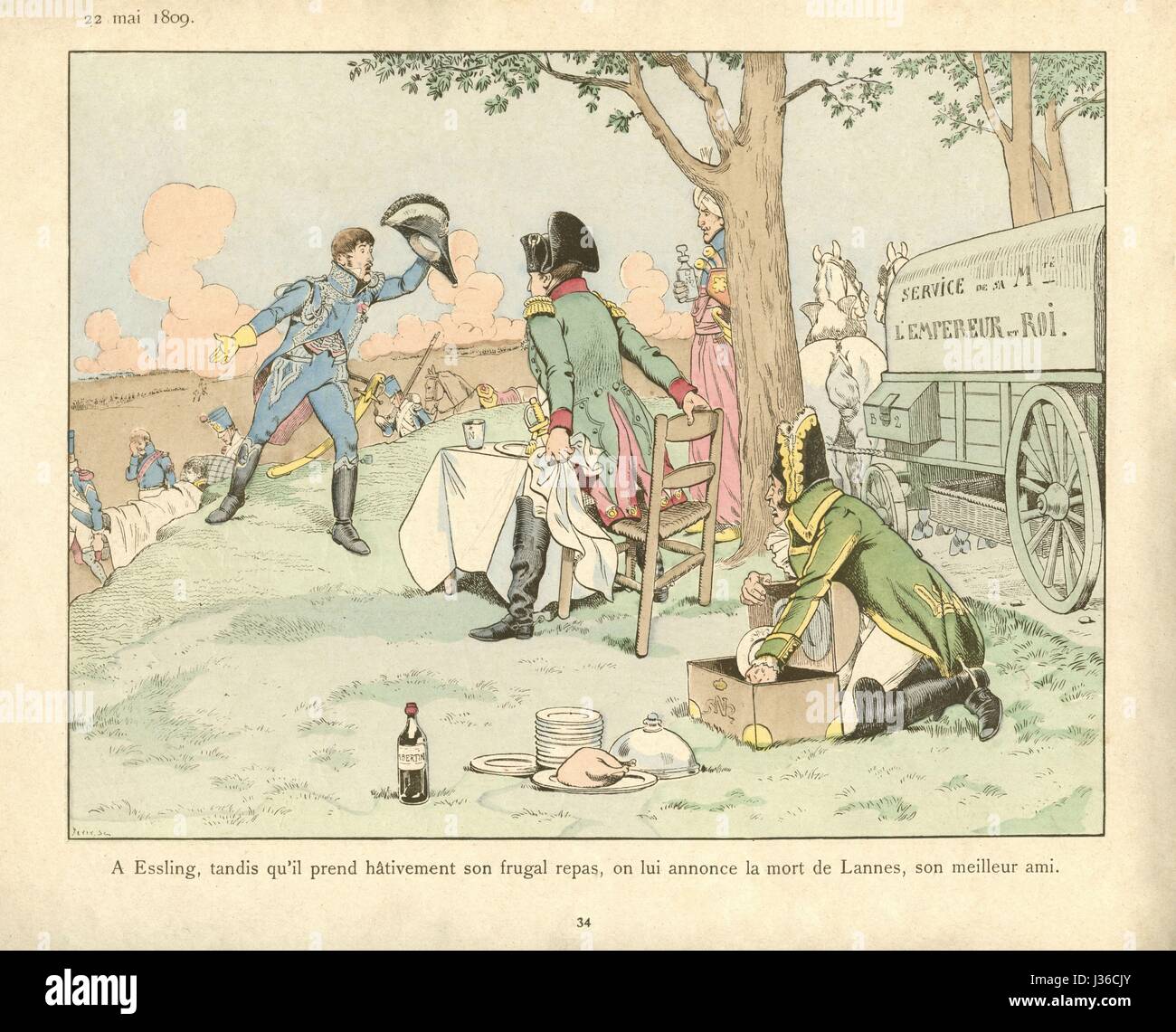 Tod von Maréchal Jean Lannes am 22. Mai 1809.    Abbildung auf Seite 34 des Buches für Kinder "Le Grand Napoléon des Petits Enfants" von Jules de Marthold geschrieben und illustriert von Job. Es erschien im Jahr 1893 von Plön, Nourrit und Cie. Jules de Marthold (1847-1927) Job (1858-1931) Stockfoto