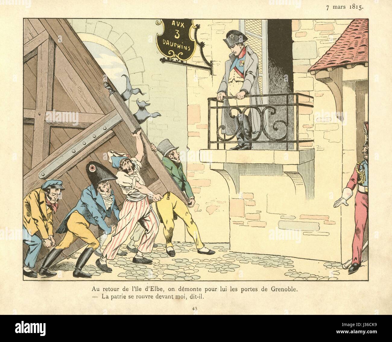 Napoleon I Rückkehr von Elba und Ankunft in Grenoble am 7. März 1815.    Abbildung auf Seite 43 des Buches für Kinder "Le Grand Napoléon des Petits Enfants" von Jules de Marthold geschrieben und illustriert von Job. Es erschien im Jahr 1893 von Plön, Nourrit und Cie. Jules de Marthold (1847-1927) Job (1858-1931) Stockfoto