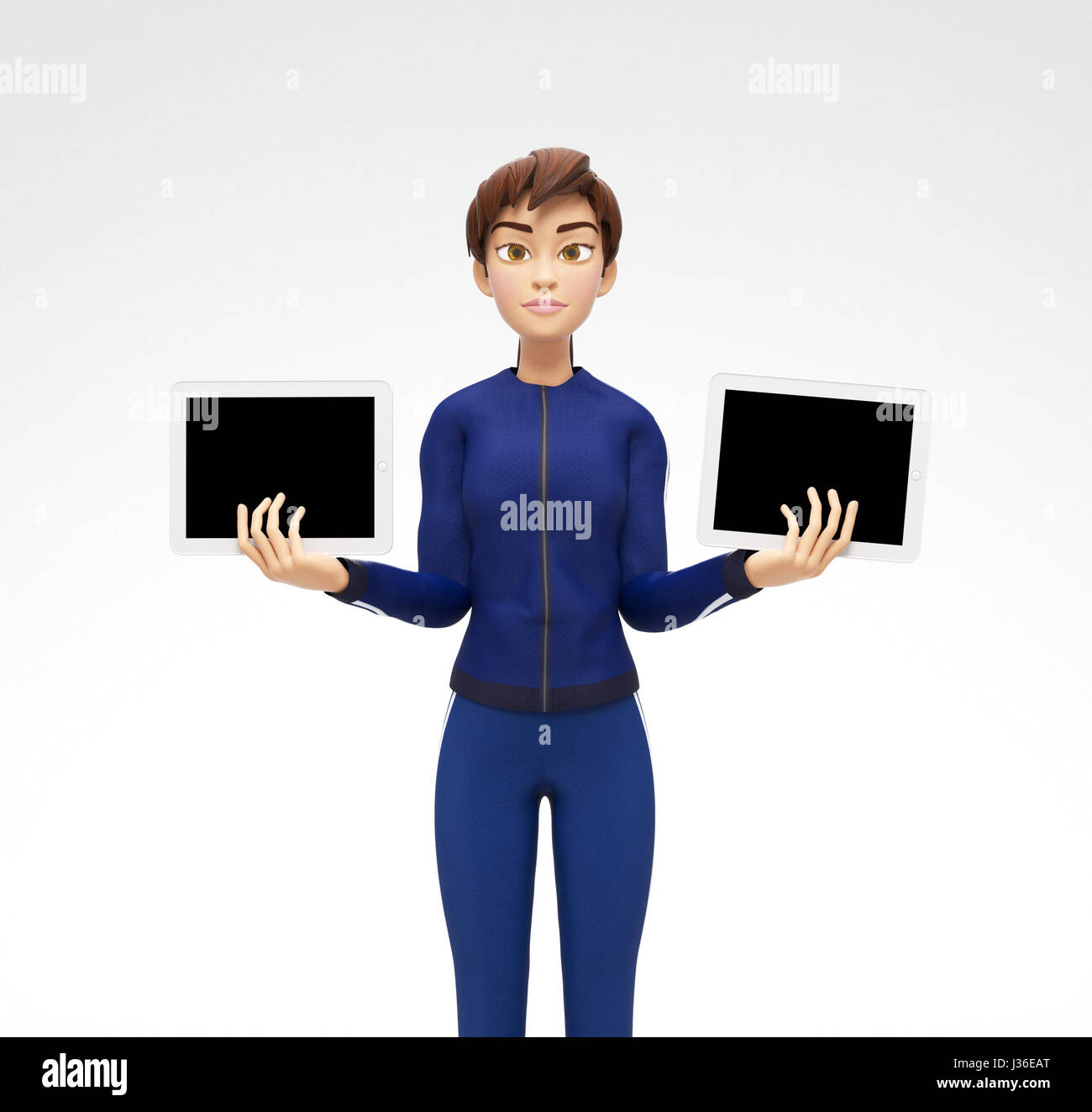 Zwei Tablet-Gerät-Mockups mit leeren Sälen statt von Ernst Jenny - 3D Cartoon-weibliche Figur in Sport-Anzug-Hintergrund Stockfoto