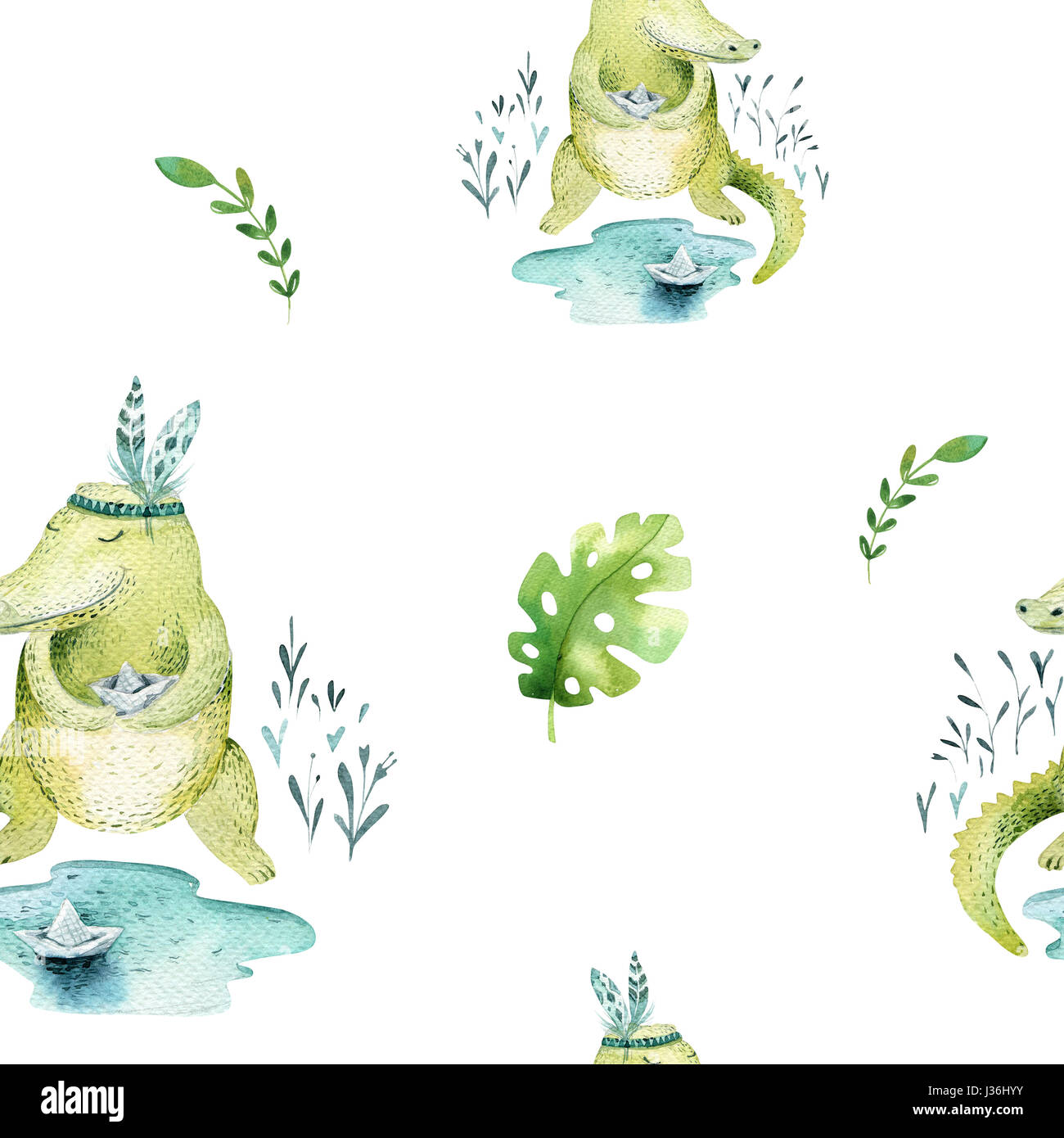 Baby Tiere Kindergarten isoliert Musterdesign. Aquarell Boho tropischen Zeichnung, Kind tropischen Zeichnung niedliche Krokodil, Tropic grün Stockfoto
