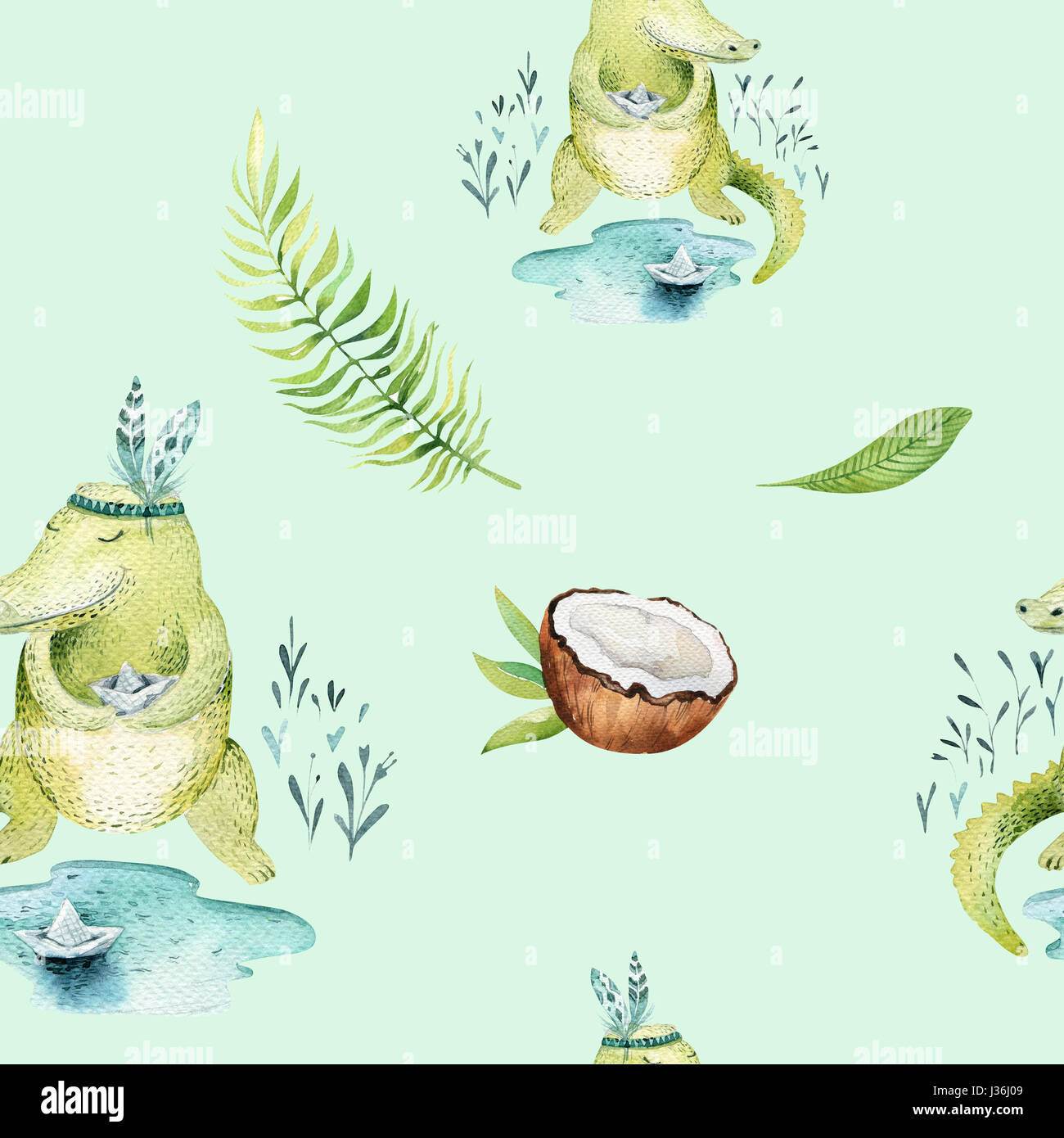 Baby Tiere Kindergarten isoliert Musterdesign. Aquarell Boho tropischen Zeichnung, Kind tropischen Zeichnung niedliche Krokodil, Tropic grün Stockfoto