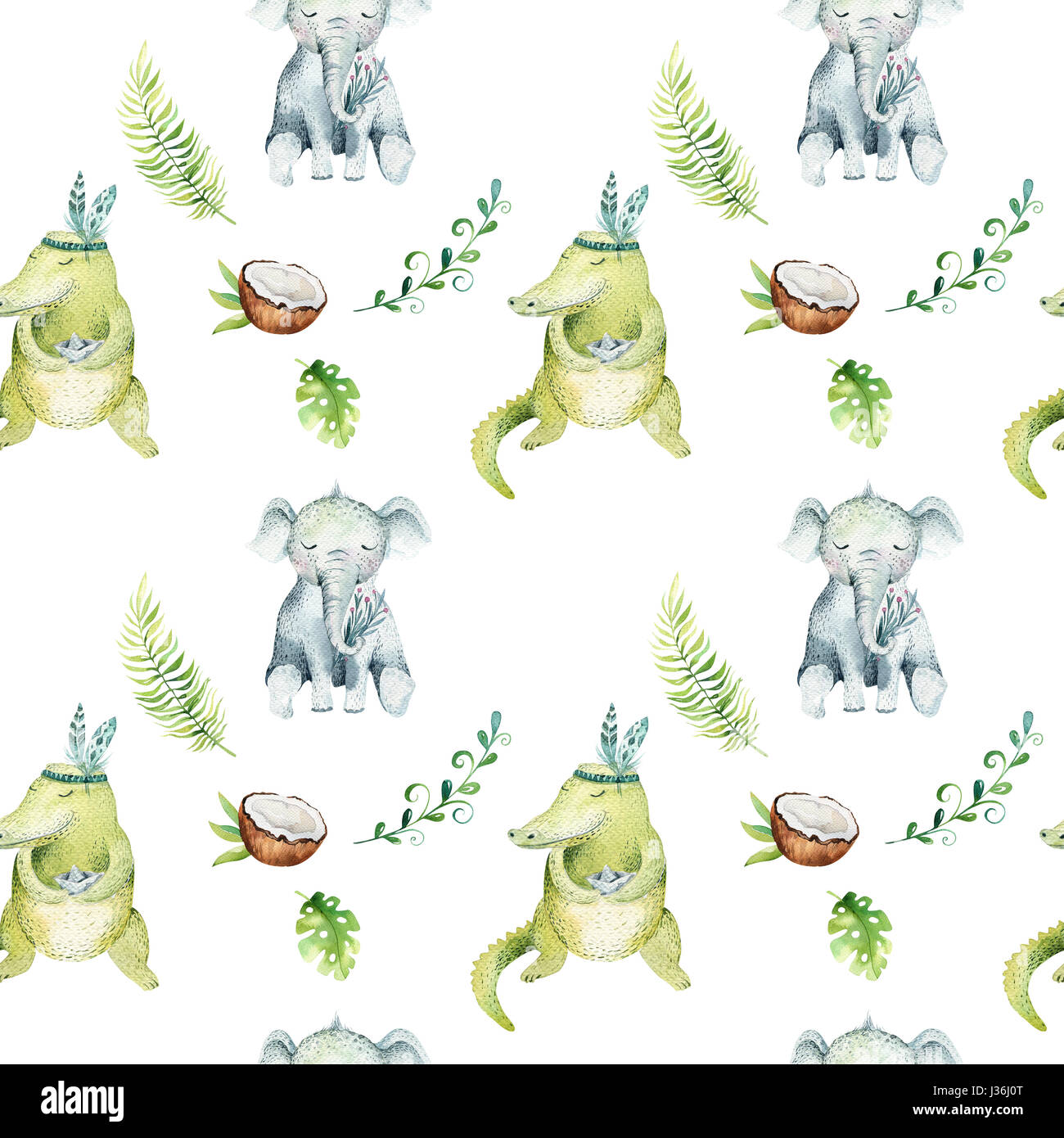 Baby Tiere Kindergarten isoliert Musterdesign. Aquarell Boho tropischen Zeichnung, Kind tropischen Zeichnung niedliche Krokodil und Elefant, Tropic grün Stockfoto