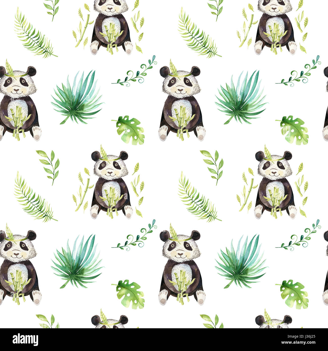 Baby Tiere Kindergarten isoliert Musterdesign. Aquarell Boho tropischen zeichnen, Kind tropischen Zeichnung niedlichen Panda und Palme, tropischen grünen Textur Abbildung Stockfoto