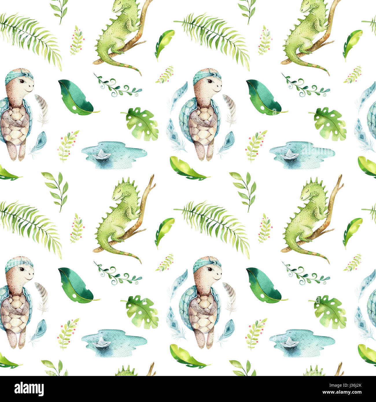 Baby Tiere Kindergarten isoliert Musterdesign. Aquarell Boho tropischen Stoff zeichnen, Kind tropischen Zeichnung niedlich Leguan, Schildkröte und Palm Tree, Alligator Tropic grün Stockfoto