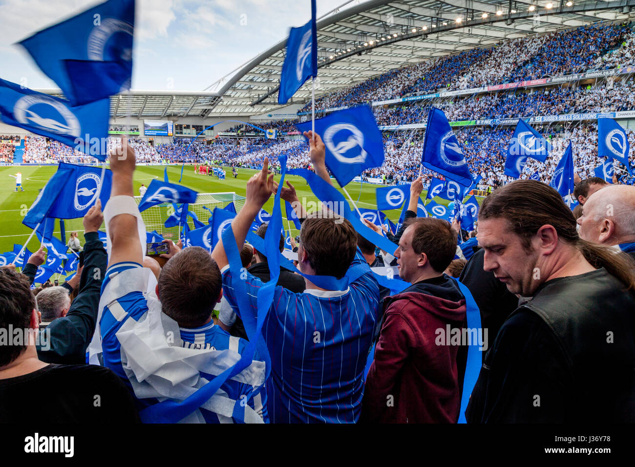 Brighton und Hove Albion Football Fans jubeln ihrem Team auf das Spielfeld für das letzte Spiel der Saison nach Sicherung der Förderung, Brighton, UK Stockfoto