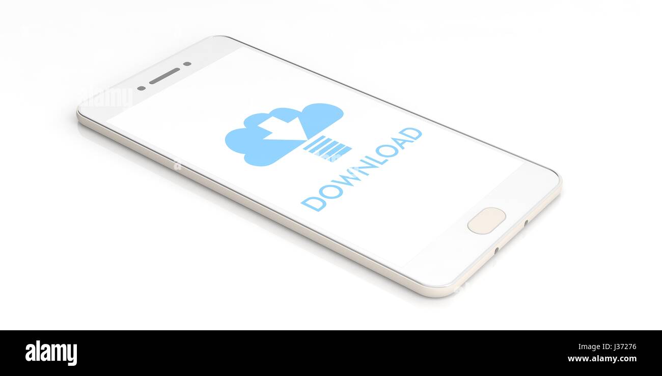 Smartphone auf weißem Hintergrund - Download Cloud auf dem Bildschirm. 3D illustration Stockfoto