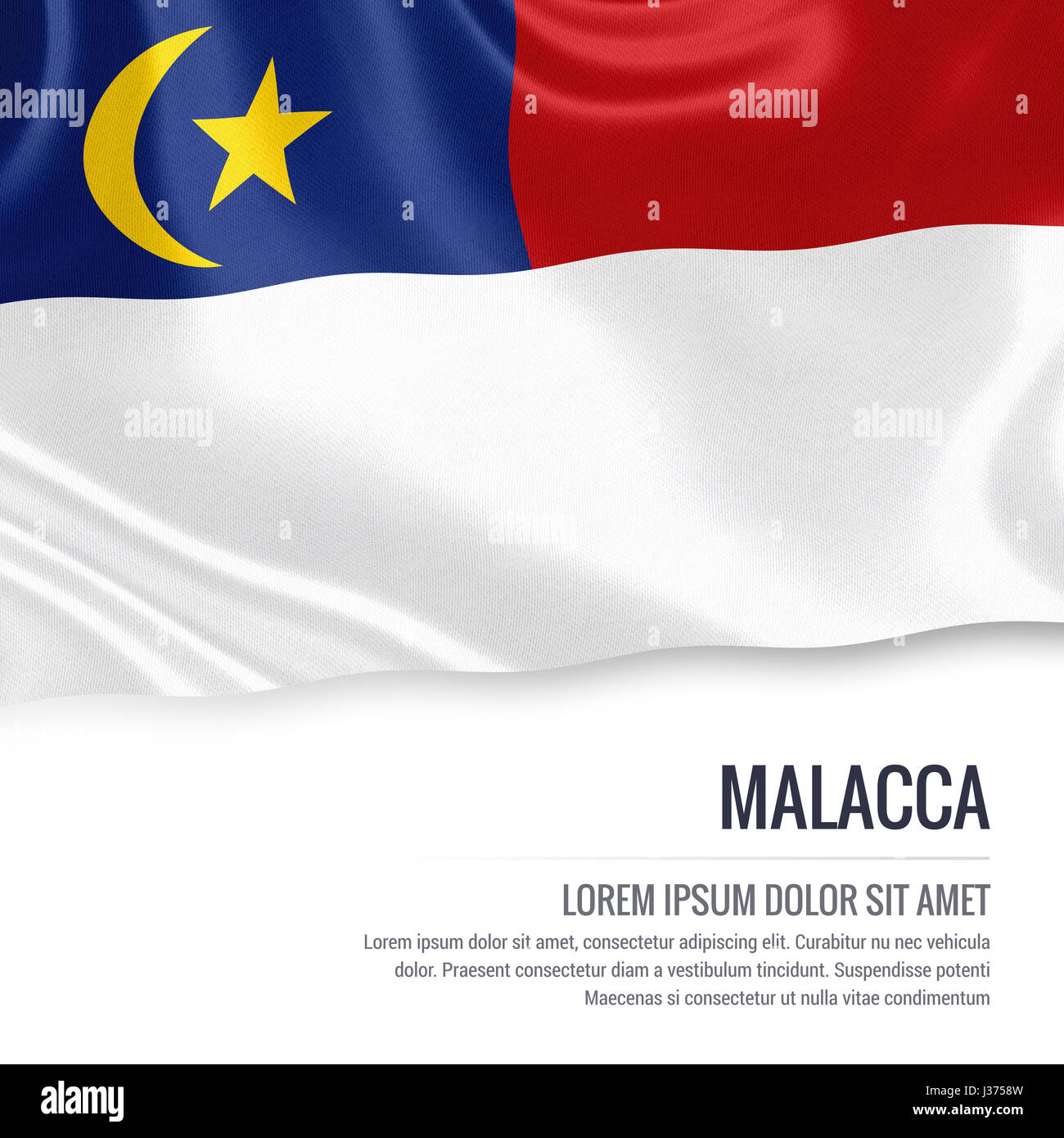 Malacca Flagge. Flagge der malaysischen Bundesstaat Malakka winken auf einem isolierten weißen Hintergrund. Staatliche Name und den Textbereich für Ihre Nachricht. 3D Illustration. Stockfoto