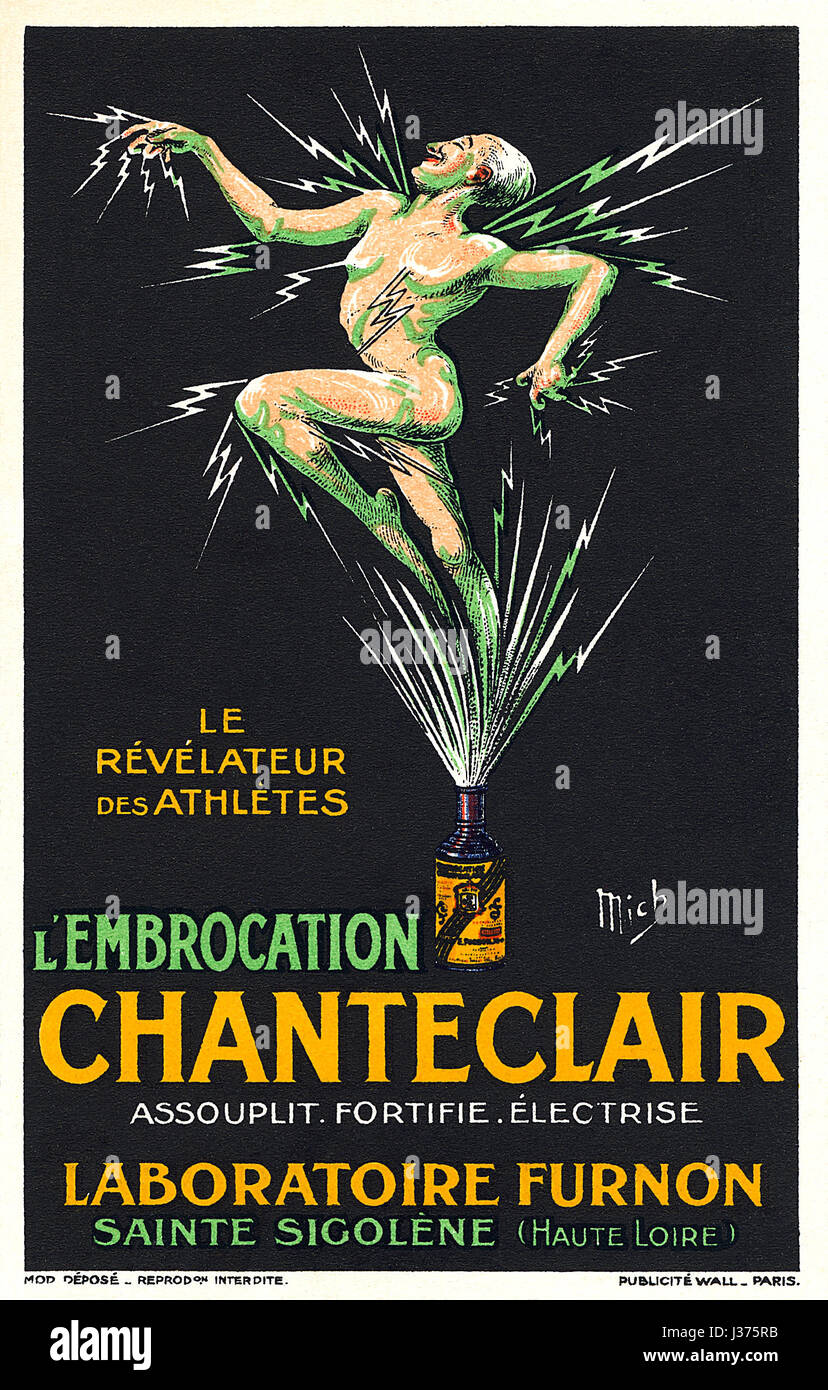 Französische Postkarte Werbung Chanteclair Liniment, illustriert von Michel Liebeaux (1881-1923). Die Postkarte leitet sich von einem Plakat ca. 1920 erstmals veröffentlicht. Stockfoto