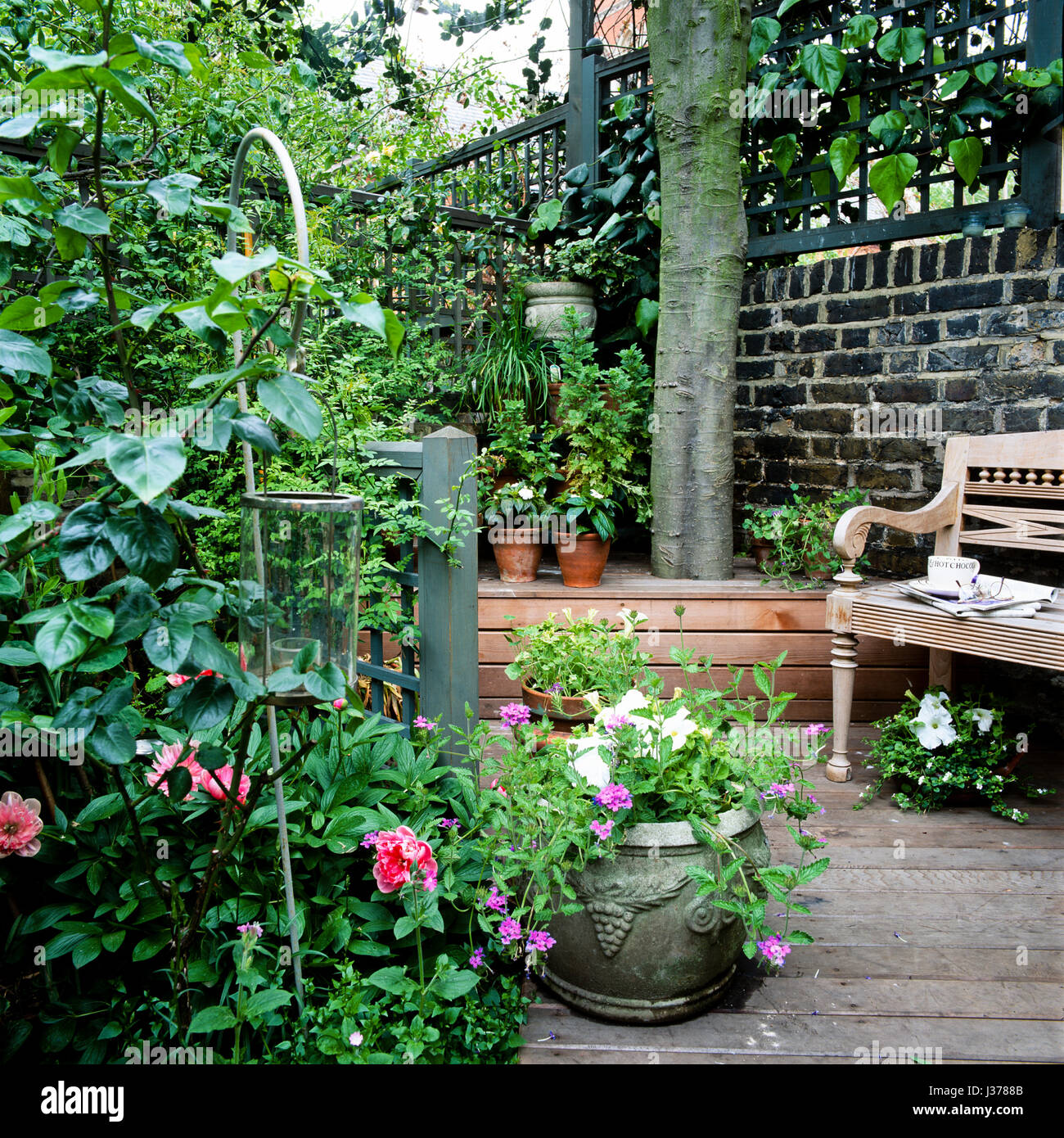 Garten hinter dem Haus mit Sitzbank. Stockfoto