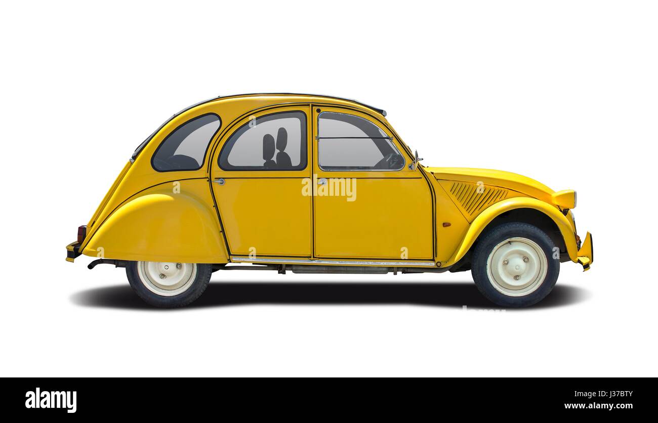 Gelben Citroen 2CV isoliert auf weiss Stockfoto