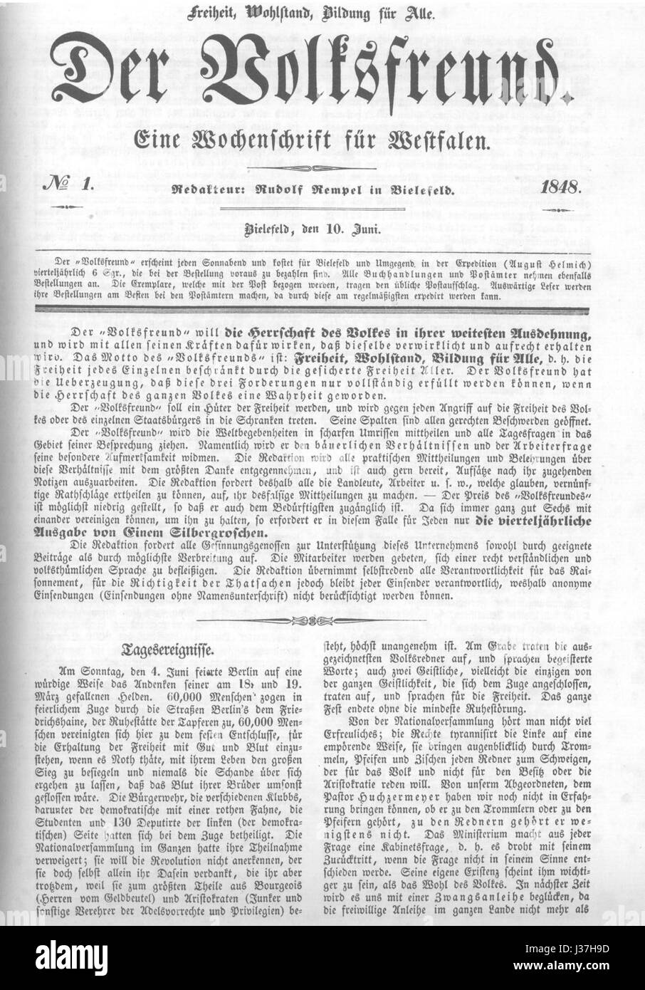 Die erste Ausgabe von „der Volksfreund“ zeigt ihre erste Titelseite, die den Beginn der Veröffentlichung der Zeitung markiert. Es war ein bedeutender Moment in der Mediengeschichte Deutschlands. Stockfoto
