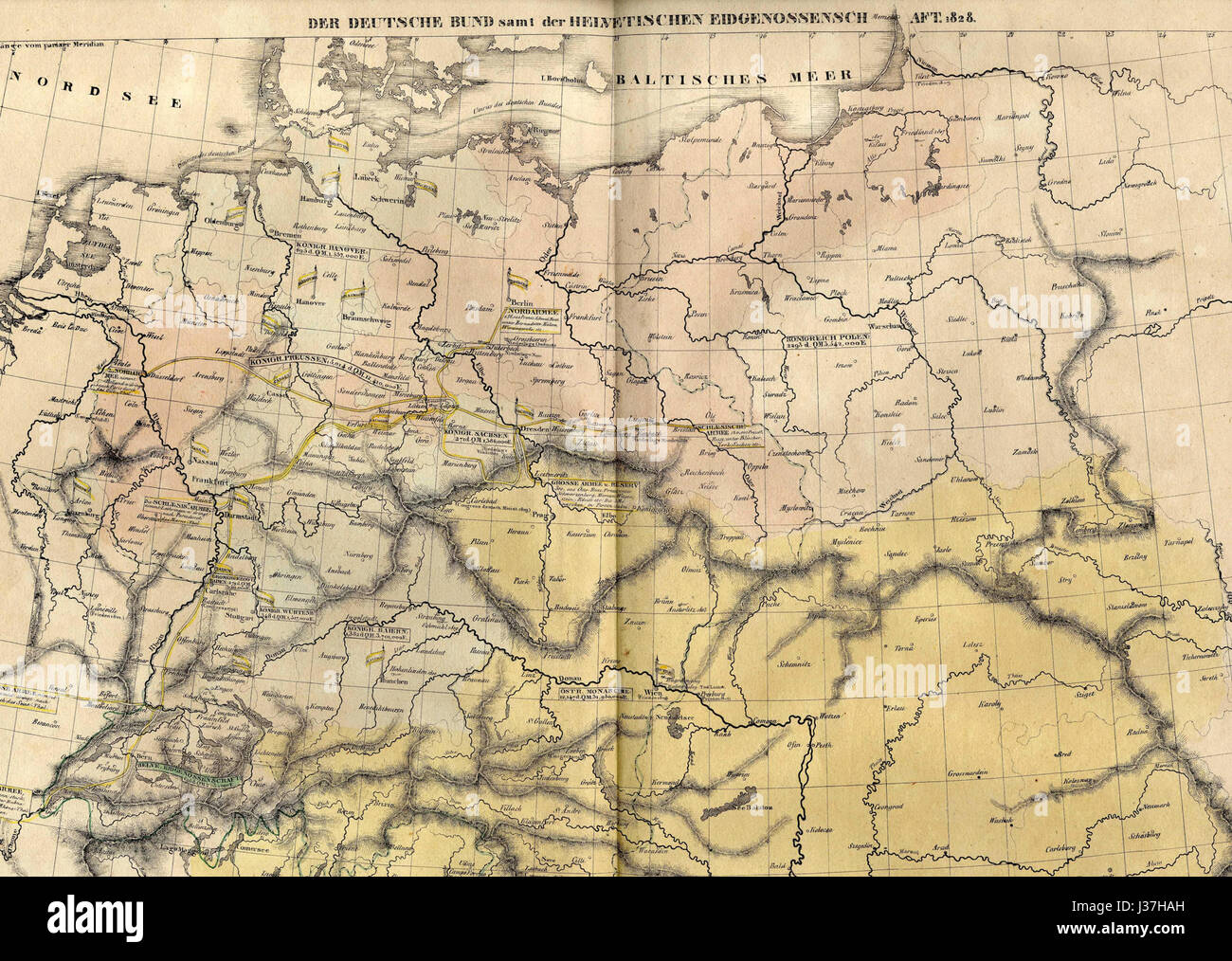 Der Deutsche Bund war ein 1815 gegründeter politischer Verband von 39 deutschsprachigen staaten. Diese Abbildung aus dem Jahr 1828 zeigt die politische Struktur und den Einfluss der Eidgenossenschaft in Mitteleuropa. Stockfoto