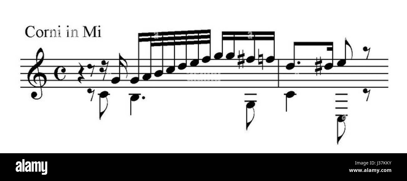 Eine Solo-Hornaufführung von „Cosi Fan tutte“, einer berühmten Oper von Mozart. Dieses Stück zeigt das Horn als Soloinstrument und fügt der Opernpartitur ein einzigartiges Hörerlebnis hinzu. Es ist Teil von Mozarts berühmtem Werk, das Themen der Liebe und Treue thematisiert. Stockfoto