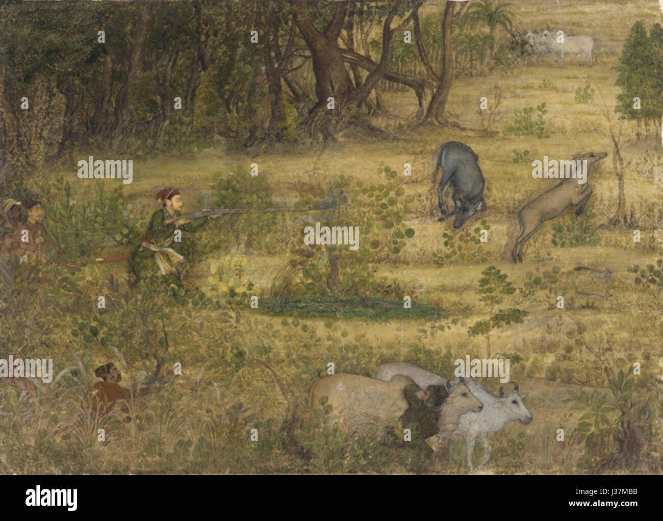 Dieses Kunstwerk zeigt Dara Shikoh, den Mogul-Prinzen, der in den königlichen Jagdgründen Nilgae (Antilopen) jagt. Es fängt einen Moment aus seinem königlichen Leben ein und spiegelt die Kultur des Moguls und die Traditionen der Jagd wider. Stockfoto