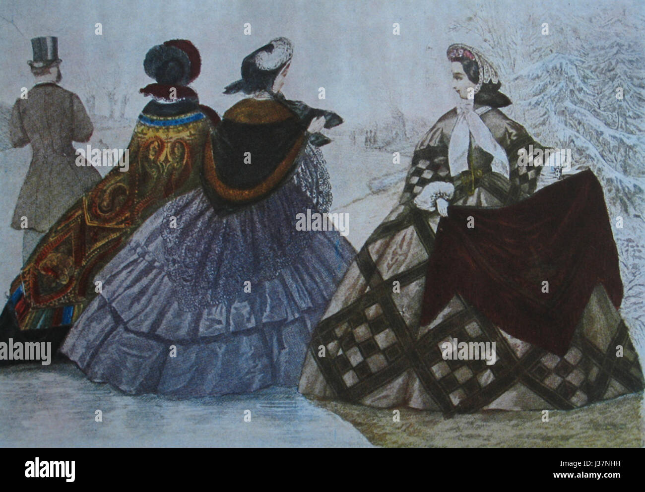 Die Crinoline-Mode, die in den 1860er Jahren beliebt war, war durch breite, voluminöse Röcke gekennzeichnet, die von Krinolinröcken unterstützt wurden. Dieser Stil war ein Schlüsselmerkmal der viktorianischen Mode und symbolisierte Eleganz und sozialen Status während dieser Zeit. Stockfoto