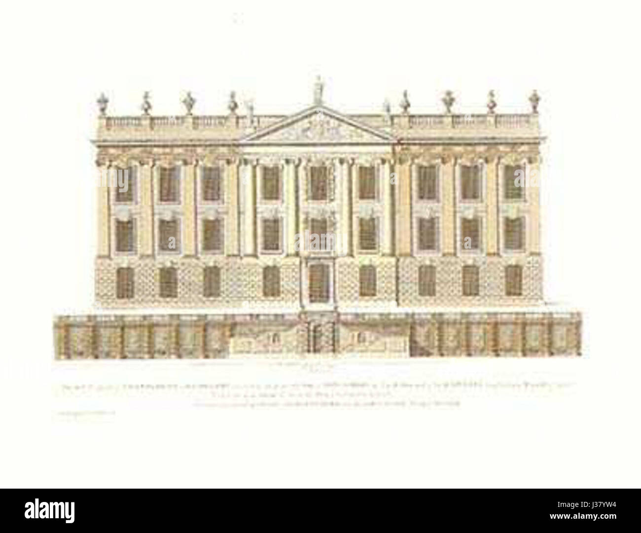 Diese Darstellung der Westfront des Chatsworth House aus „Vitruvius Britannicus“ zeigt die architektonische Schönheit dieses ikonischen englischen Landhauses und hebt seine klassischen Designelemente und die historische Bedeutung hervor. Stockfoto