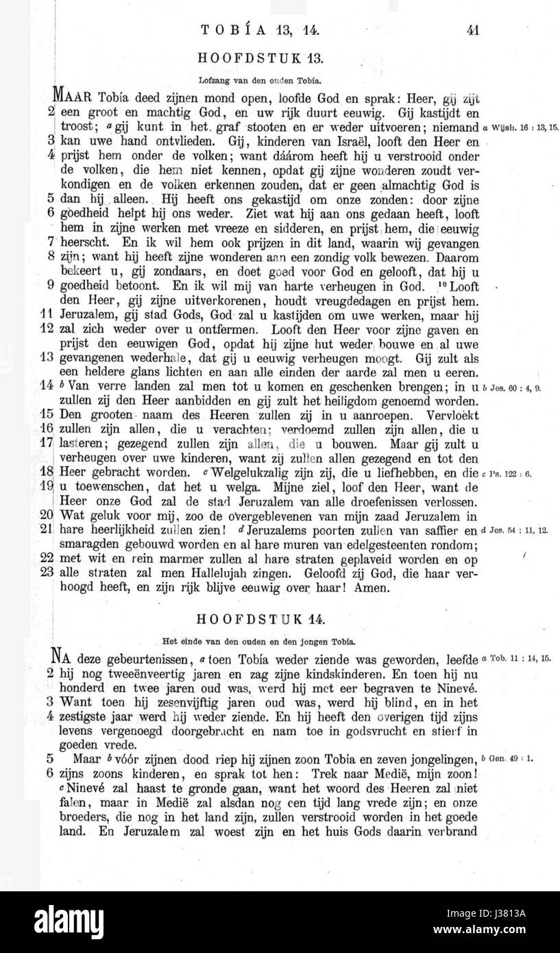 „De Apocriefe Boeken“ bezieht sich auf die Apokryphen Bücher, bei denen es sich um biblische Schriften handelt, die nicht im Standardkanon enthalten sind. Diese Referenz stammt wahrscheinlich aus einem Text, der diese Schriften detailliert beschreibt und historischen Kontext und religiöse Einblicke bietet. Stockfoto