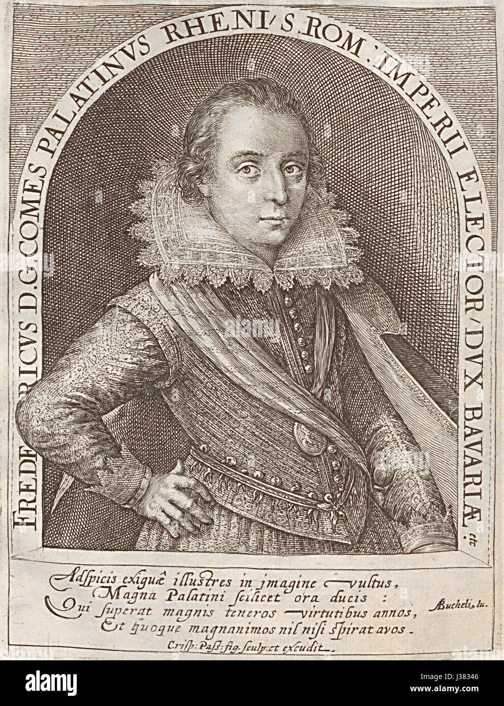 Crispin de Passe, ein niederländischer Kupferstecher aus dem 17. Jahrhundert, ist bekannt für seine detaillierten Porträts und Arbeiten auf Papier. Friedrich V., Kurfürst Pfalz, war eine Schlüsselfigur in den frühen Stadien des Dreißigjährigen Krieges und Anführer der Evangelischen Union. Er war auch König von Böhmen während der böhmischen Revolte. Stockfoto