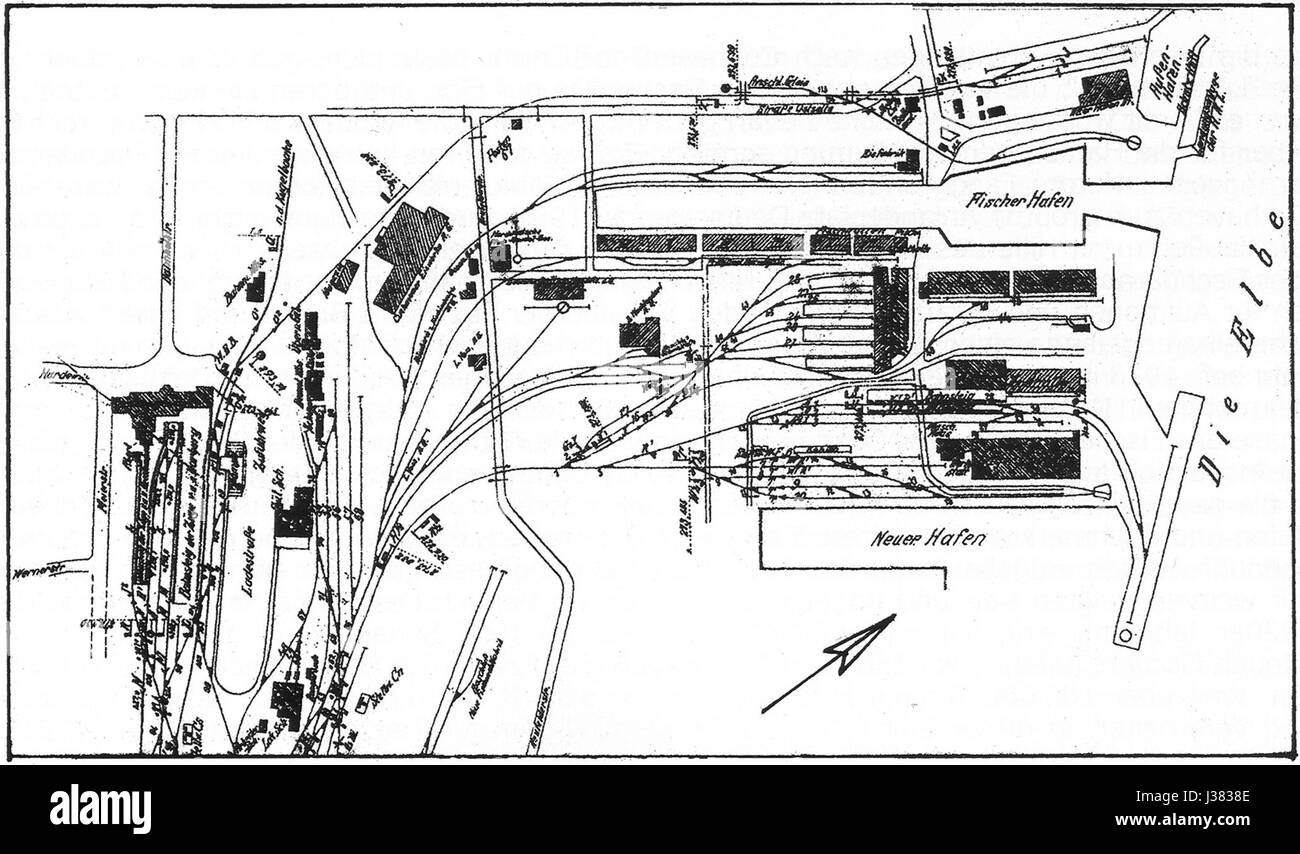 Der Cuxhavener Gleisplan 1928 bezieht sich auf eine historische Eisenbahnkarte von Cuxhaven, Deutschland, die die Bahngleise und Bahnhofsgestaltung Anfang des 20. Jahrhunderts zeigt. Stockfoto