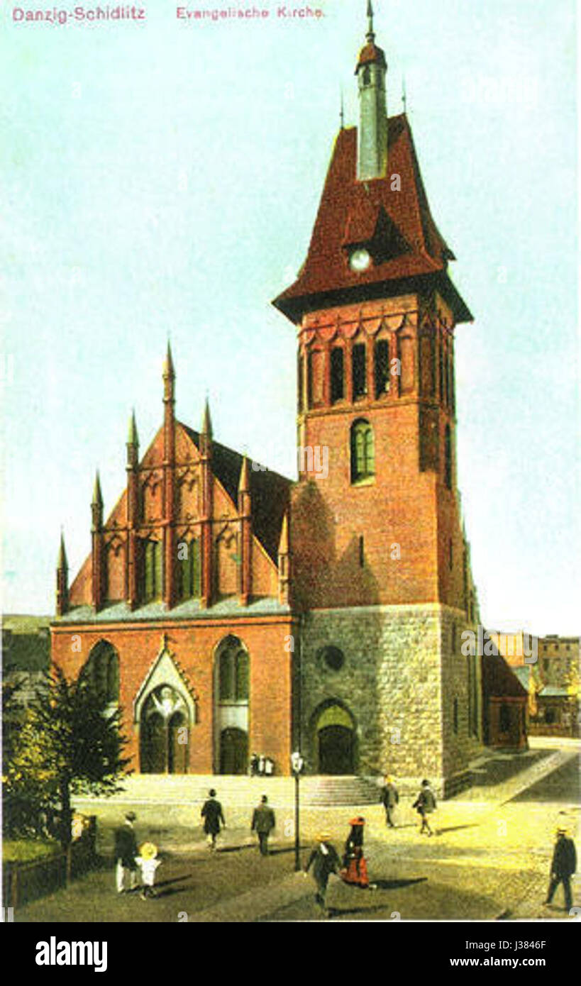 Die Evangelische Kirche in Schidlitz, Danzig, ist eine historische evangelische Kirche. Es repräsentiert die für die Region typische religiöse Architektur mit einer langen Geschichte, die die spirituelle und kulturelle Entwicklung der Region widerspiegelt. Stockfoto