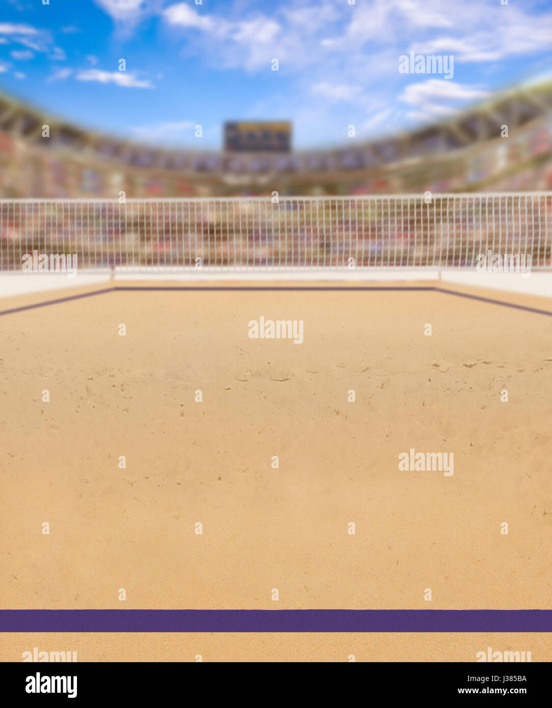 Outdoor-Beach-Volleyball Arena voll von Fans auf der Tribüne. Bewusste Konzentration auf Ball und geringe Schärfentiefe auf Hintergrund und Kopie Raum. 3D render Stockfoto