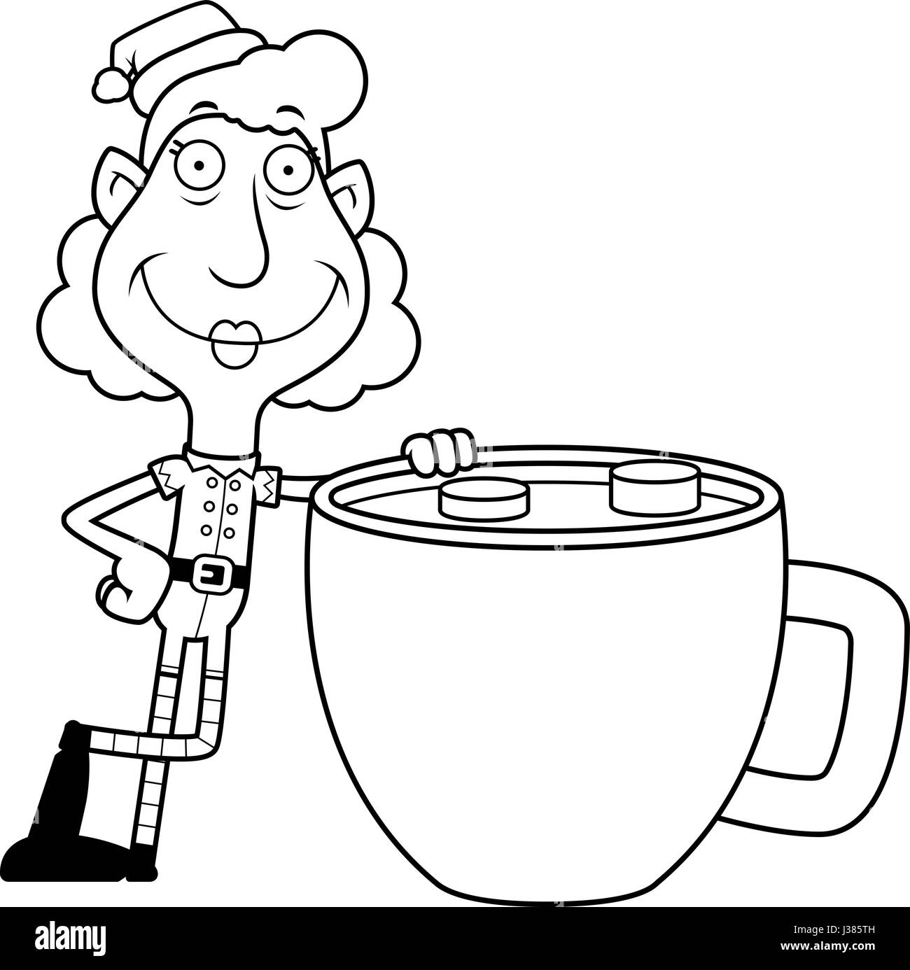 Eine Abbildung eines Zeichentrickfilms Christmas Elf Oma mit einer Tasse heißer Schokolade. Stock Vektor