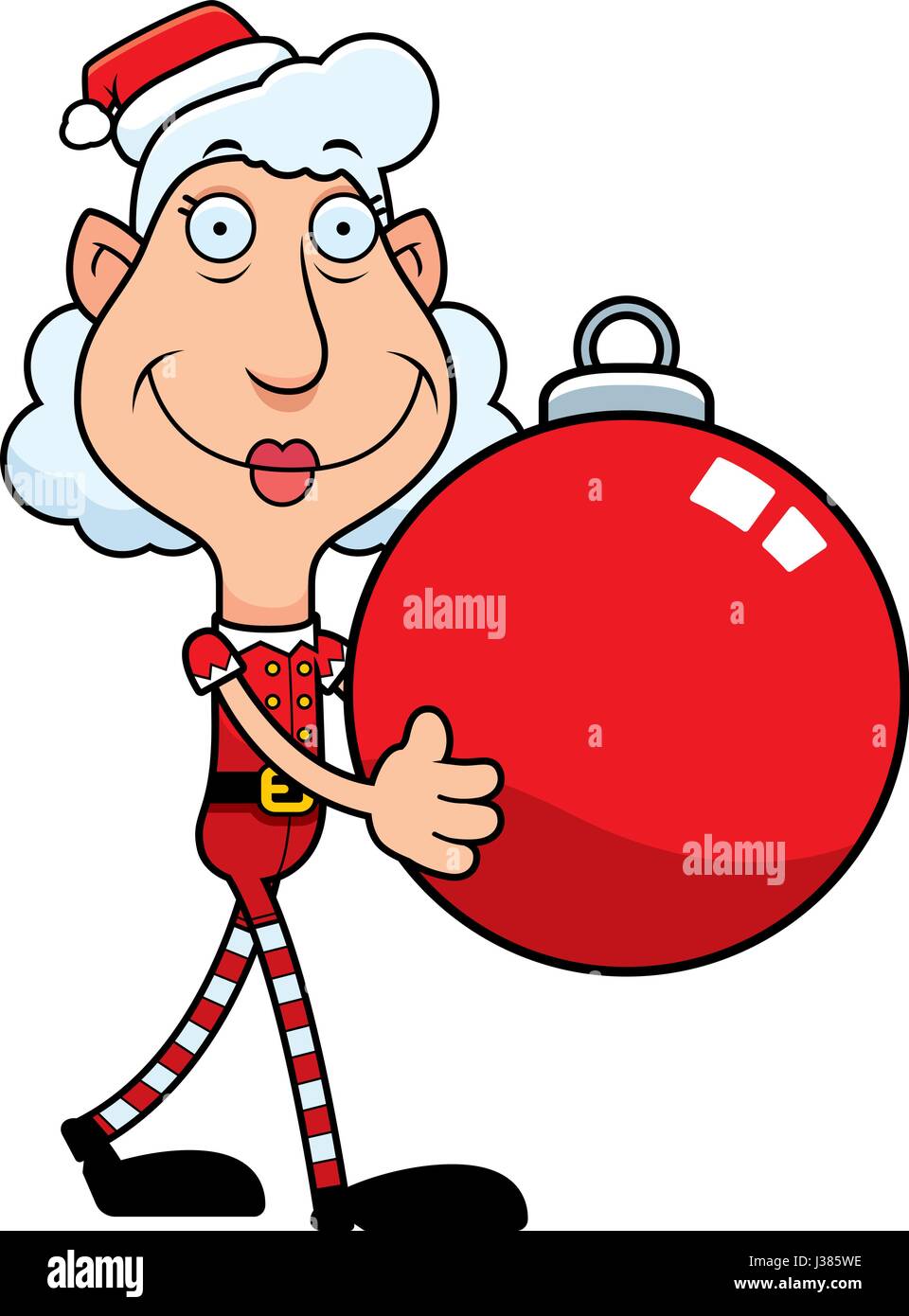 Eine Abbildung eines Zeichentrickfilms Christmas Elf Oma trägt eine Christbaumkugel. Stock Vektor