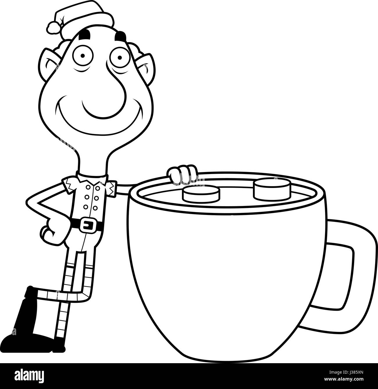 Eine Abbildung eines Zeichentrickfilms Christmas Elf Opa mit einer Tasse heißer Schokolade. Stock Vektor