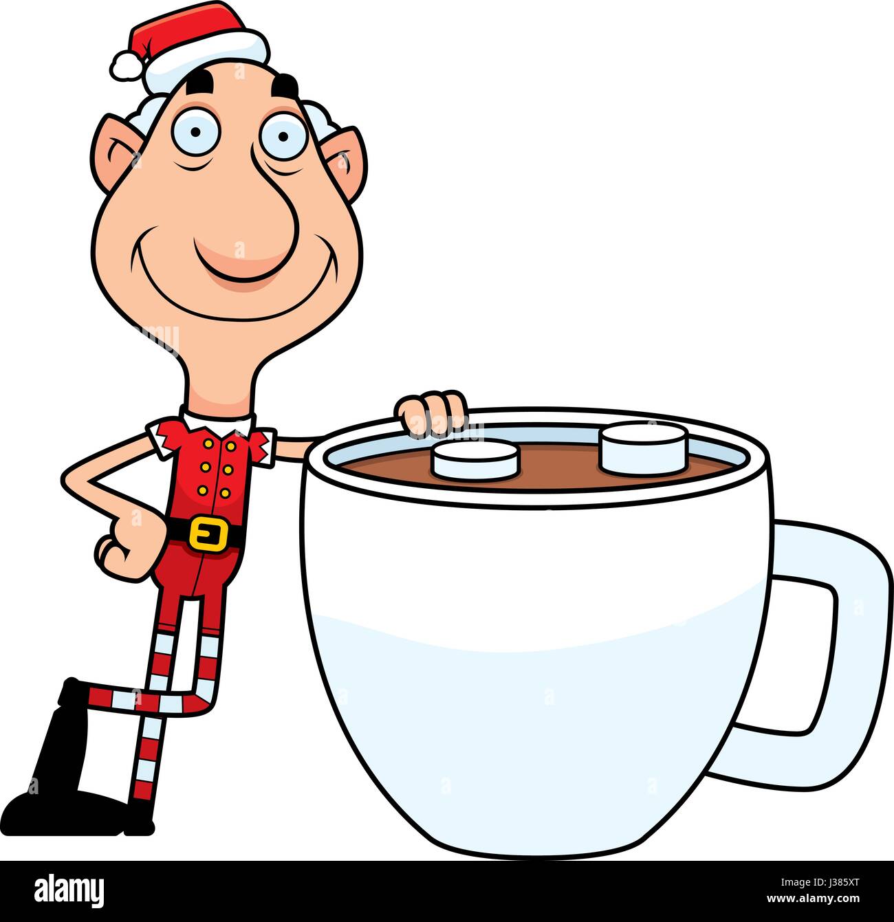 Eine Abbildung eines Zeichentrickfilms Christmas Elf Opa mit einer Tasse heißer Schokolade. Stock Vektor