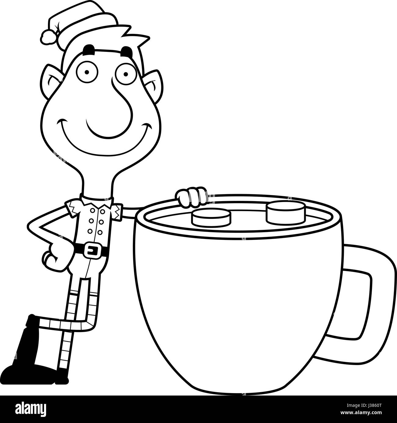 Eine Abbildung eines Zeichentrickfilms Weihnachtself mit einer Tasse heißer Schokolade. Stock Vektor