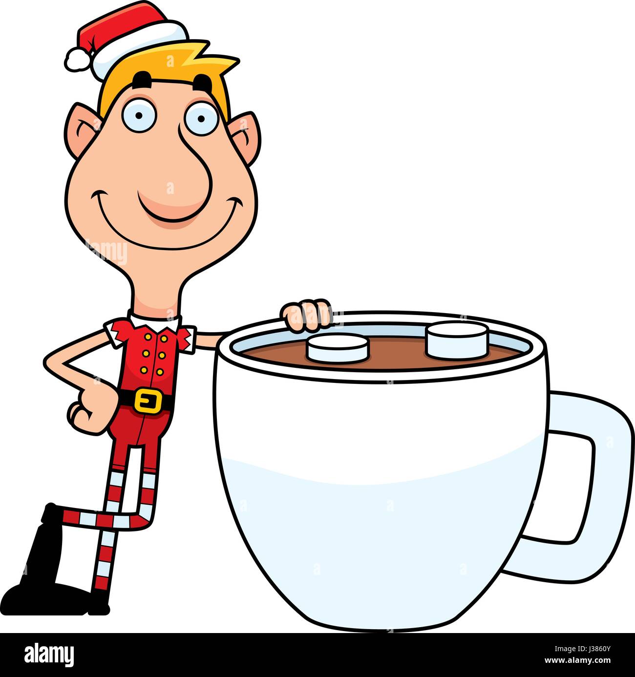 Eine Abbildung eines Zeichentrickfilms Weihnachtself mit einer Tasse heißer Schokolade. Stock Vektor