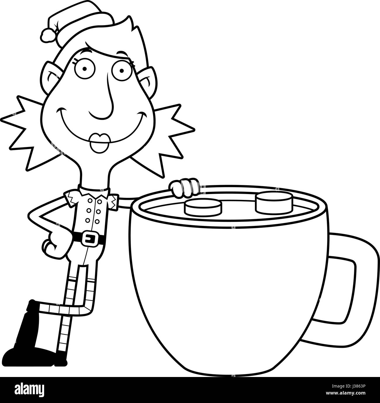 Eine Abbildung eines Zeichentrickfilms Weihnachten Elfenfrau mit einer Tasse heißer Schokolade. Stock Vektor