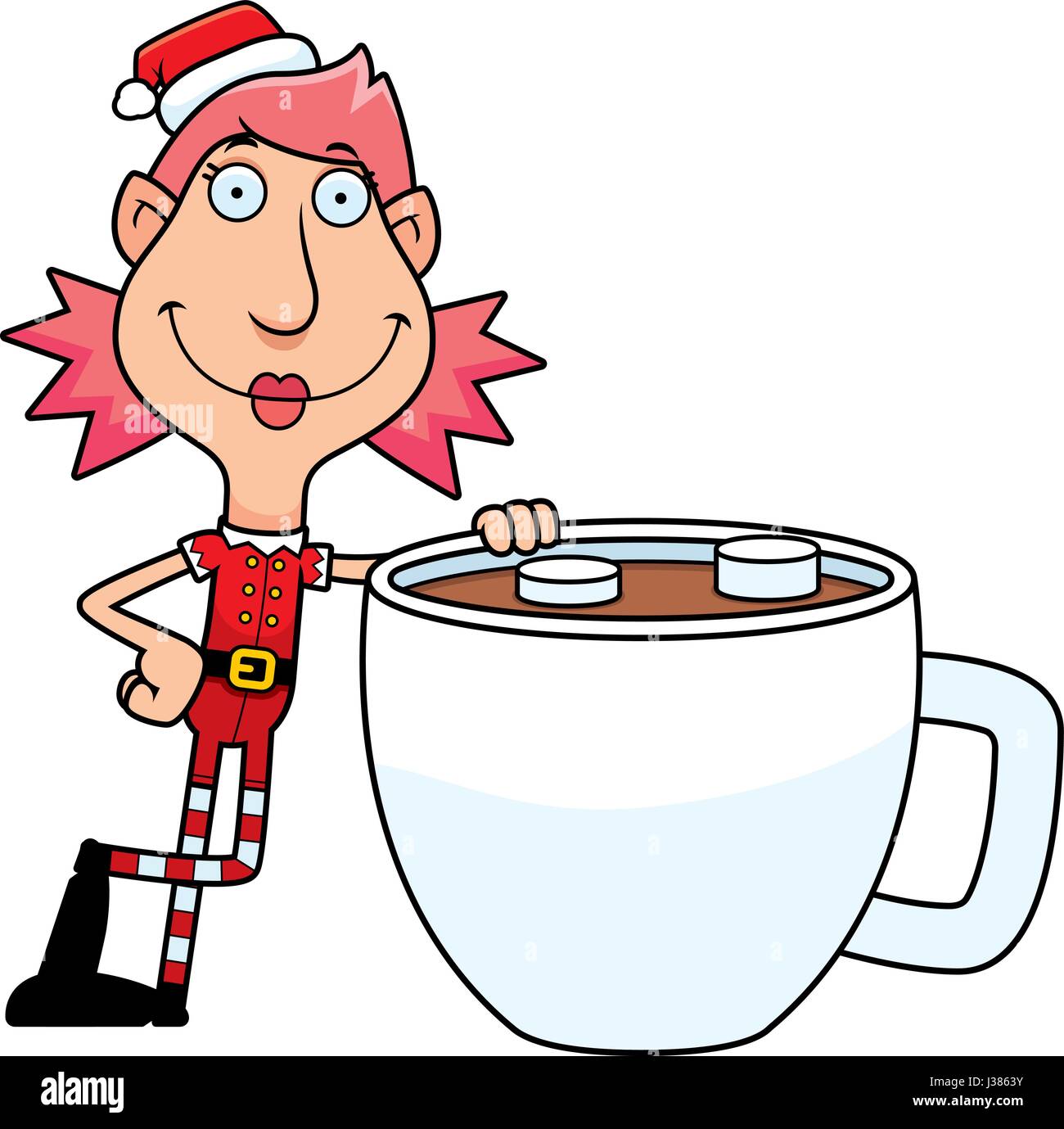 Eine Abbildung eines Zeichentrickfilms Weihnachten Elfenfrau mit einer Tasse heißer Schokolade. Stock Vektor