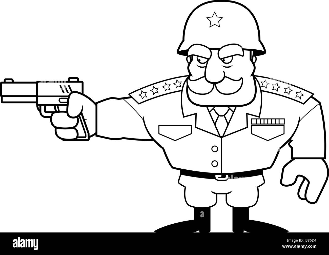 Eine Abbildung eines Zeichentrickfilms militärischen General eine Pistole schießen. Stock Vektor