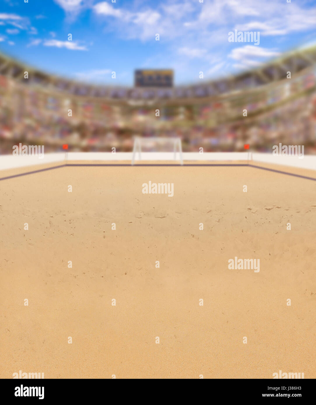 Outdoor-Beach Soccer Arena voll von Fans auf der Tribüne. Das Spiel ist auch bekannt als Strandfußball oder Beasal. Fokus auf Vordergrund beraten und flach Stockfoto