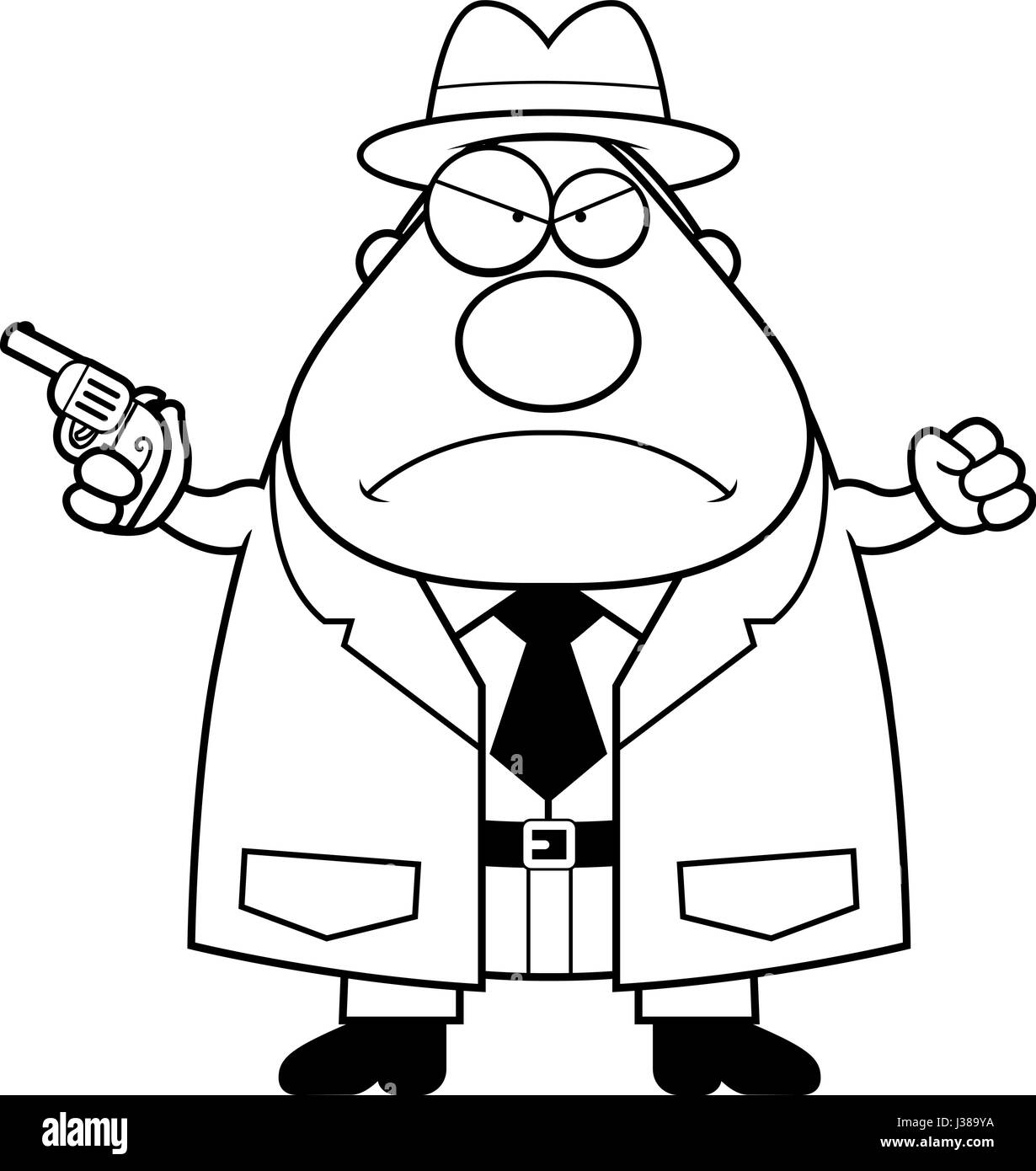 Eine Karikatur Illustration eines Detektivs suchen Sie wütend mit einem Gewehr. Stock Vektor