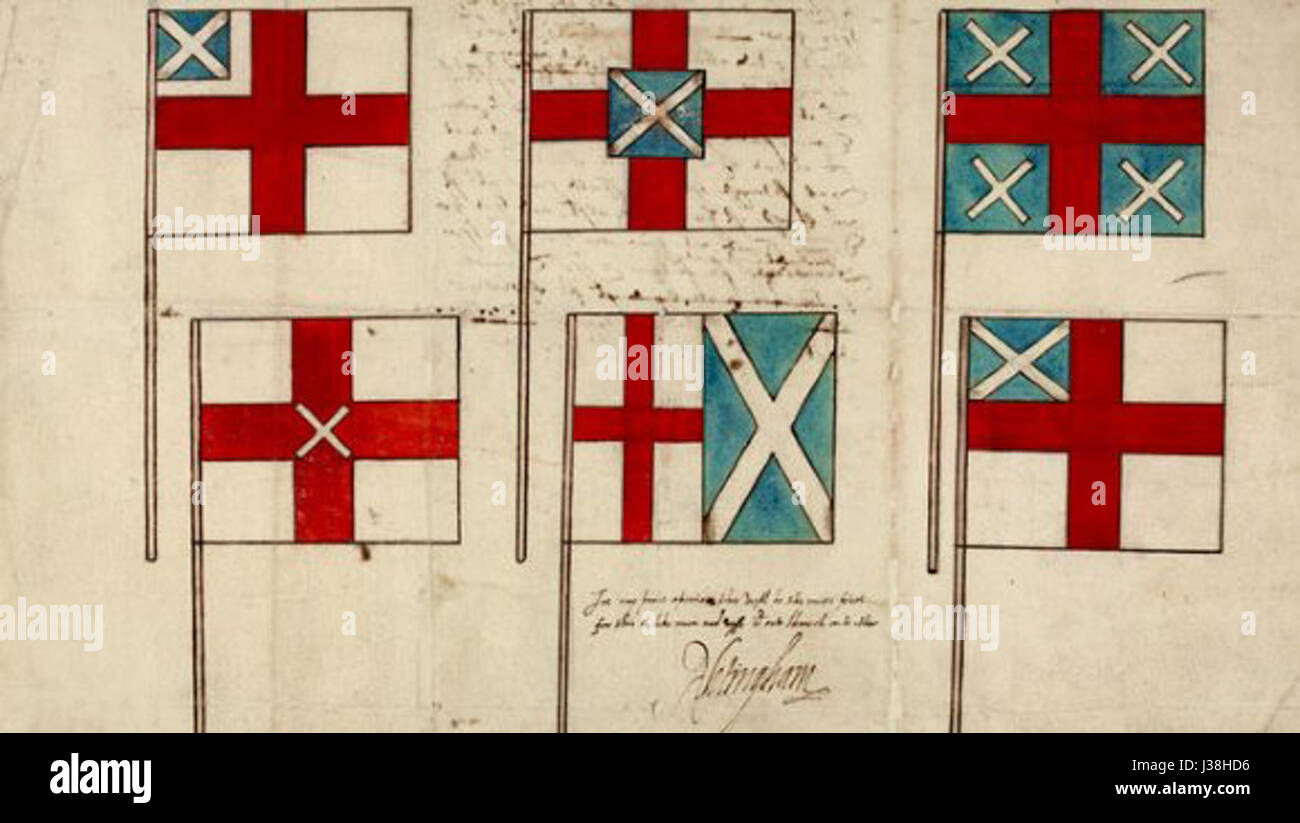 Muster für die Unionsflagge c.1604 beziehen sich auf die frühen Entwürfe und Vorschläge für die Unionsflagge des Vereinigten Königreichs. Diese Entwürfe kombinierten Elemente der Flaggen von England, Schottland und Irland, was schließlich zur Schaffung der modernen Flagge führte, die heute verwendet wurde. Stockfoto
