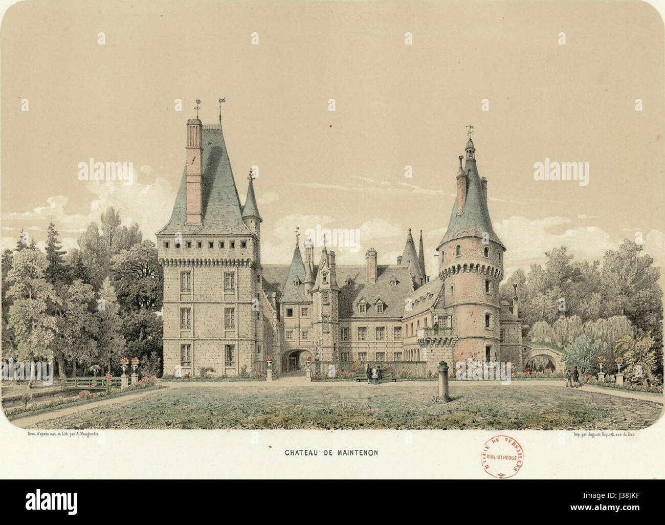 Die Chateau de Maintenon Lithographie von Maugendre ist ein Abdruck der berühmten französischen Burg. Die Lithografie zeigt die architektonische Schönheit des ChÃ¢Teau, ein Symbol der französischen Geschichte und des königlichen Erbes, das durch die detaillierten künstlerischen Arbeiten von Maugendre erfasst wurde. Stockfoto