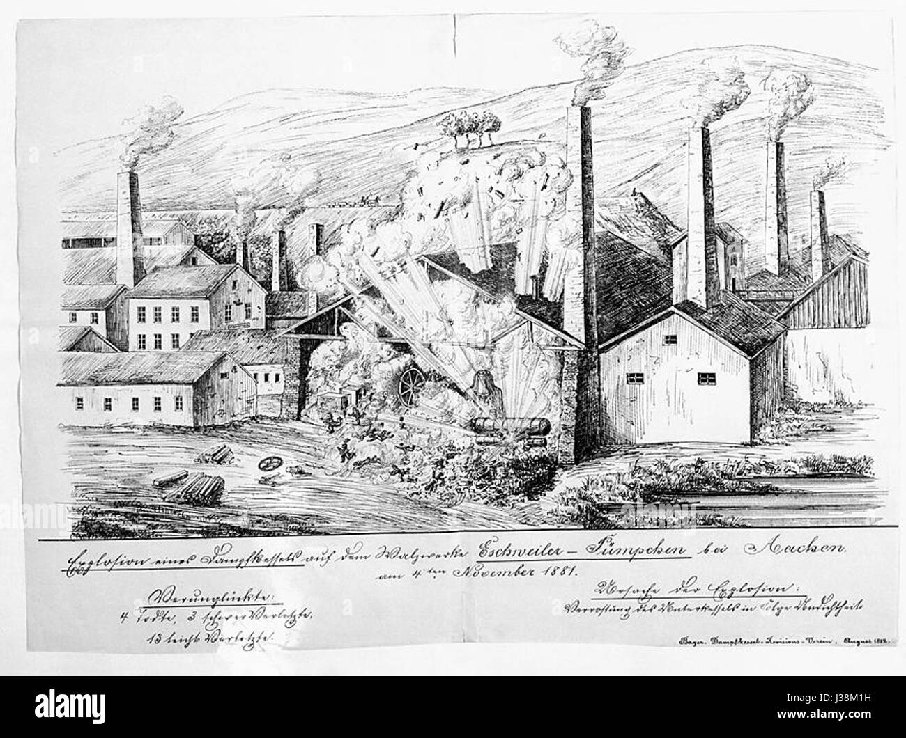 Die „Dampfkesselexplosion“ bezieht sich auf eine Dampfkesselexplosion im Jahr 1881, bei der es wahrscheinlich zu Industrieunfällen im Zusammenhang mit dampfbetriebenen Maschinen kam. Dieser Vorfall wäre im Zusammenhang mit der Geschichte der Arbeitssicherheit erheblich gewesen. Stockfoto